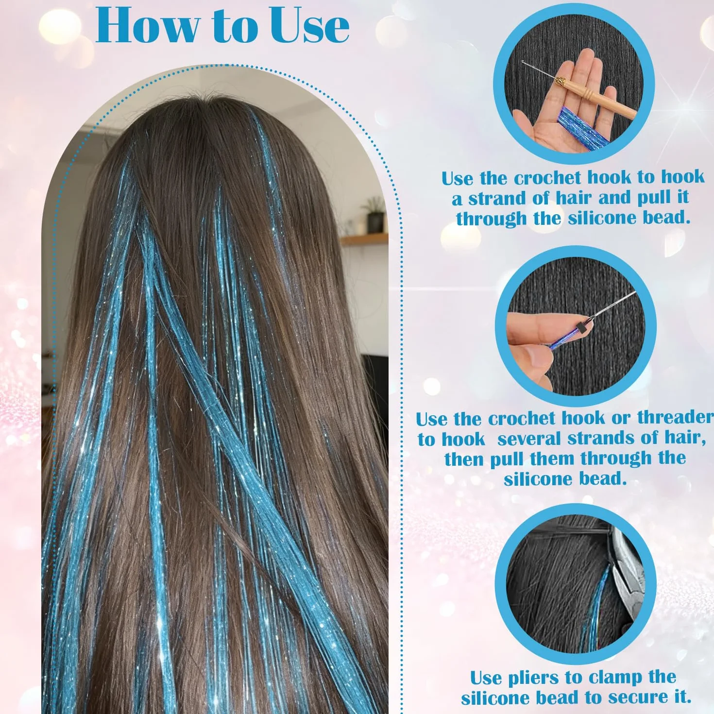Kit de Tinsel Azul de 47 Pulgadas, Mechones de Extensiones de Pelo Brillante para Mujeres y Niñas, Accesorios de Fiesta