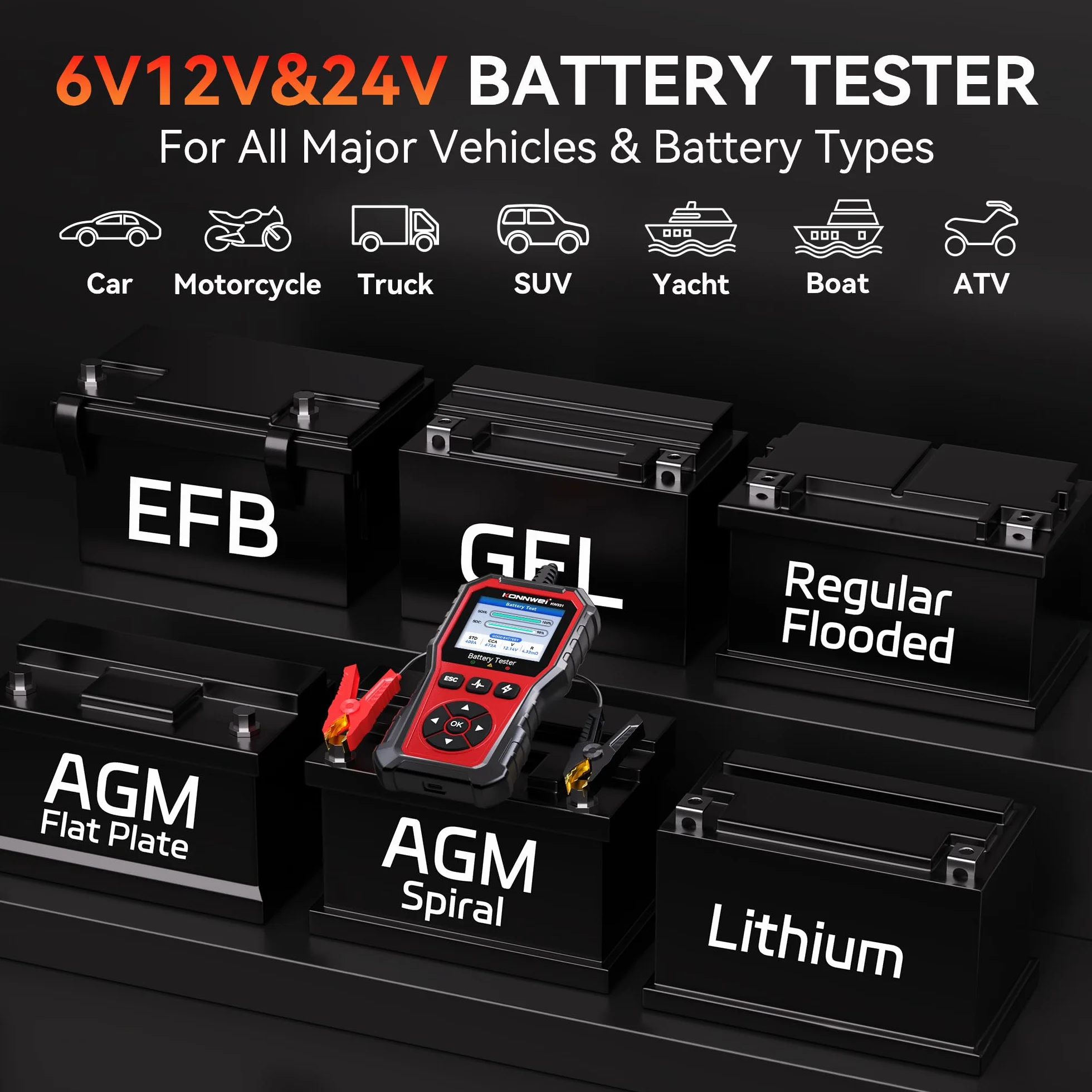 KONNWEI KW331 Comprobador de Baterías 6V 12V 24V 10-2000 CCA AGM Litio Gel Analizador Digital