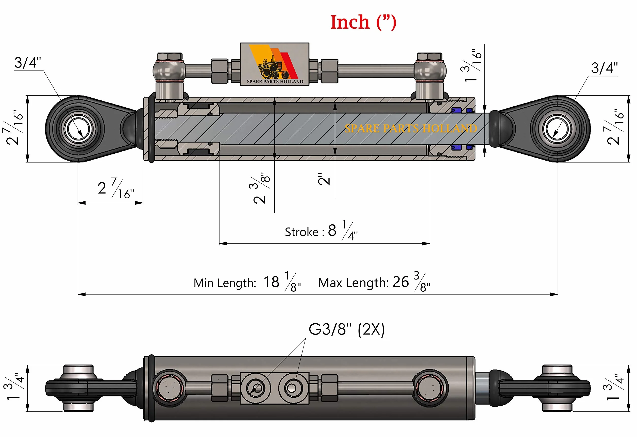 Tercer Punto Hidráulico Cat 1 460-670 mm con Bloque de Bloqueo y 2 Mangueras