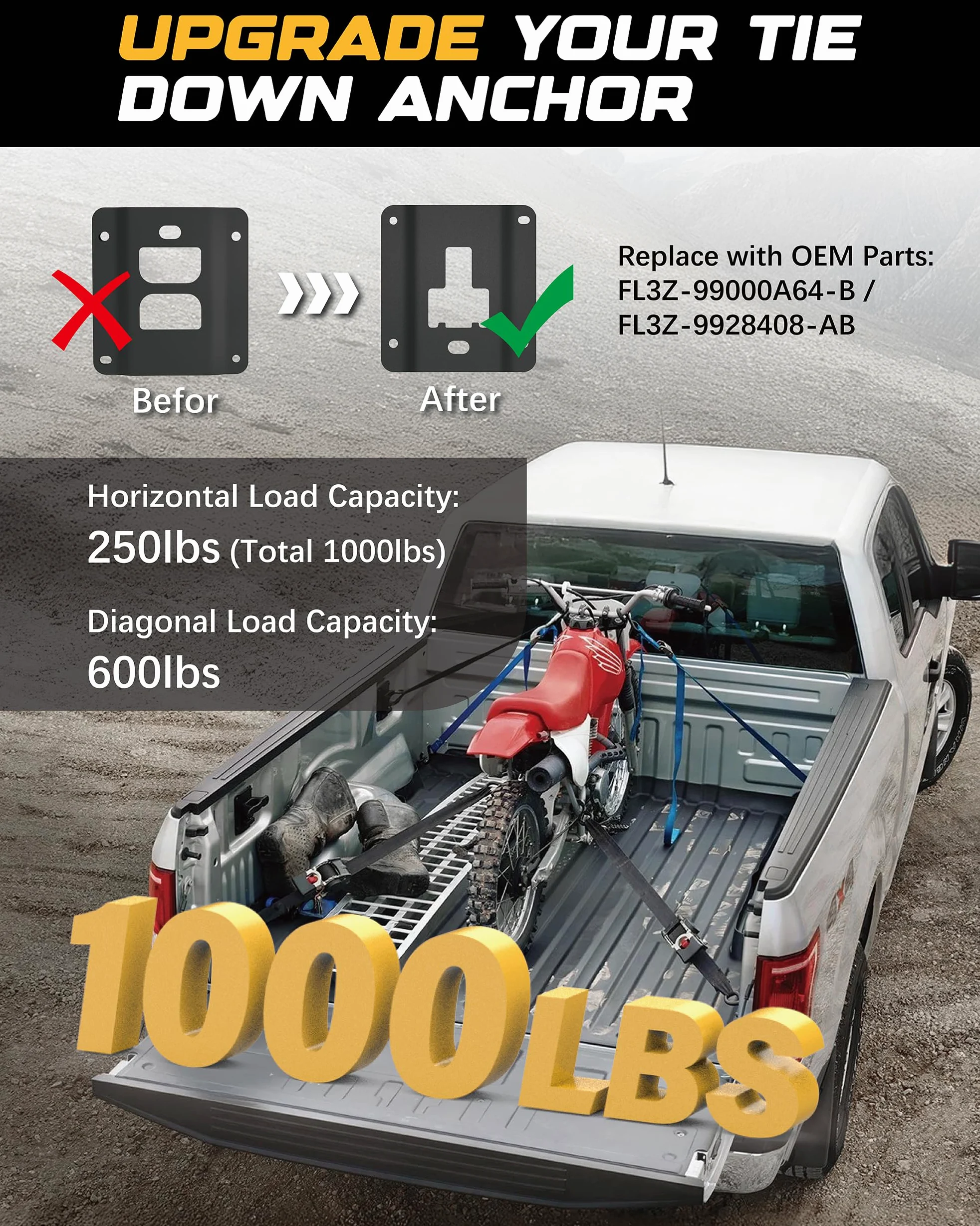 RETRUE Anclajes de amarre para caja de camioneta adecuados para F150 F250 F350 2015-2025, accesorios de amarre y anclajes de camión de repuesto #FL3Z-99000A64-B/FL3Z-9928408-AB, 4 piezas