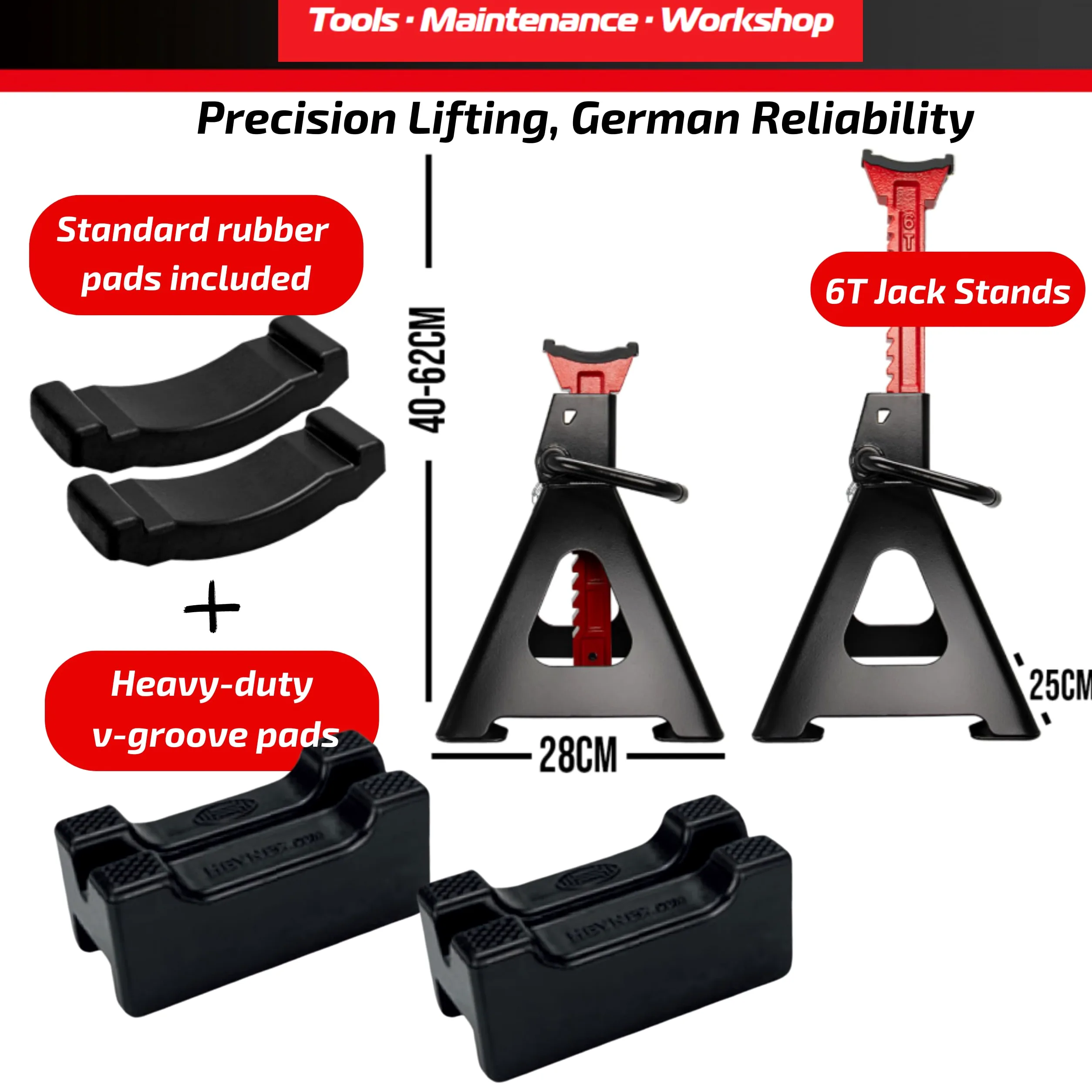 HEYNER Soporte de Gato Elevador Coche de Eje Resistente de 6 Toneladas, 6000 kg para Autocaravana, con Almohadillas de Goma Extra Estables, par H347470+RL