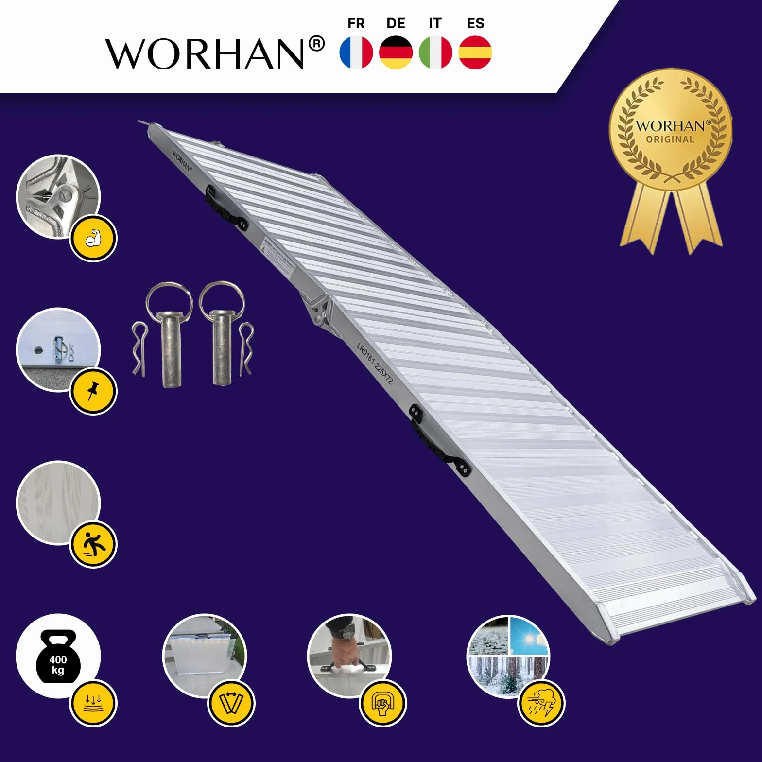 Rampa de Carga 400kg Moto Rigida Robusta Plegable Plataforma 225cm Silla de Ruedas Aluminio Superficie Ultra Antideslizante Transporte Eventos Estuche de Vuelo HR225