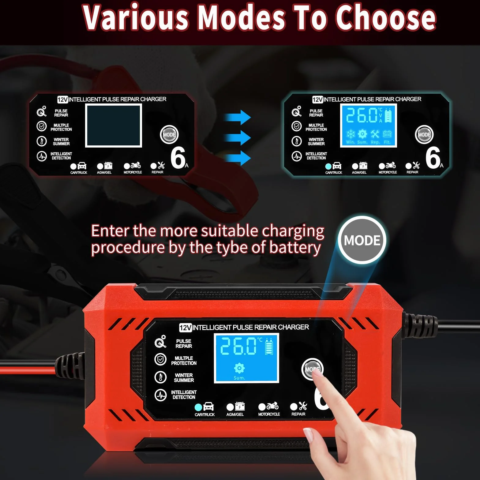 Cargador de Baterias Coche y Moto, Cargador Bateria Moto 12v 6A Inteligente