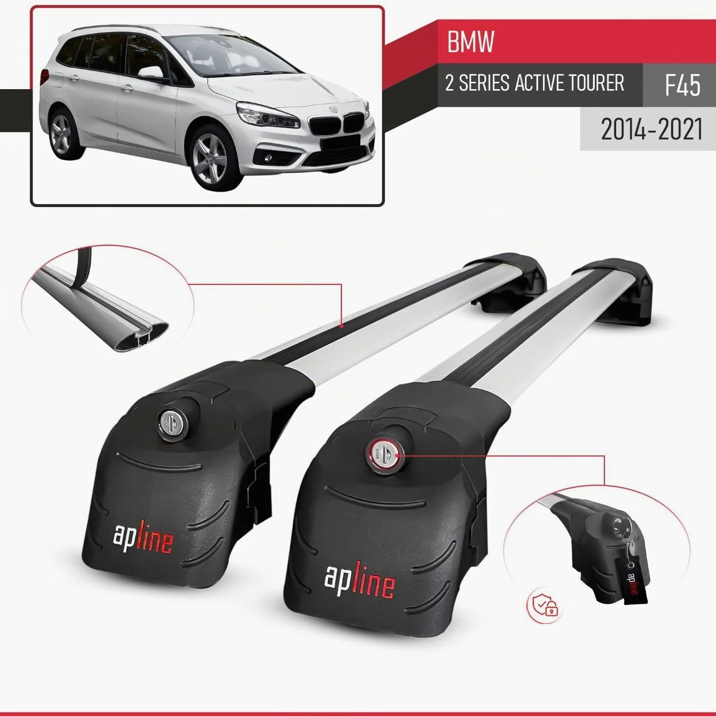 Compatible con BMW Serie 2 (F45) Active Tourer 2014-2021 Modelo Ace-2 Barra de Techo Auto Portaequipajes Barras Transversales Gris Aluminio 2 Barras