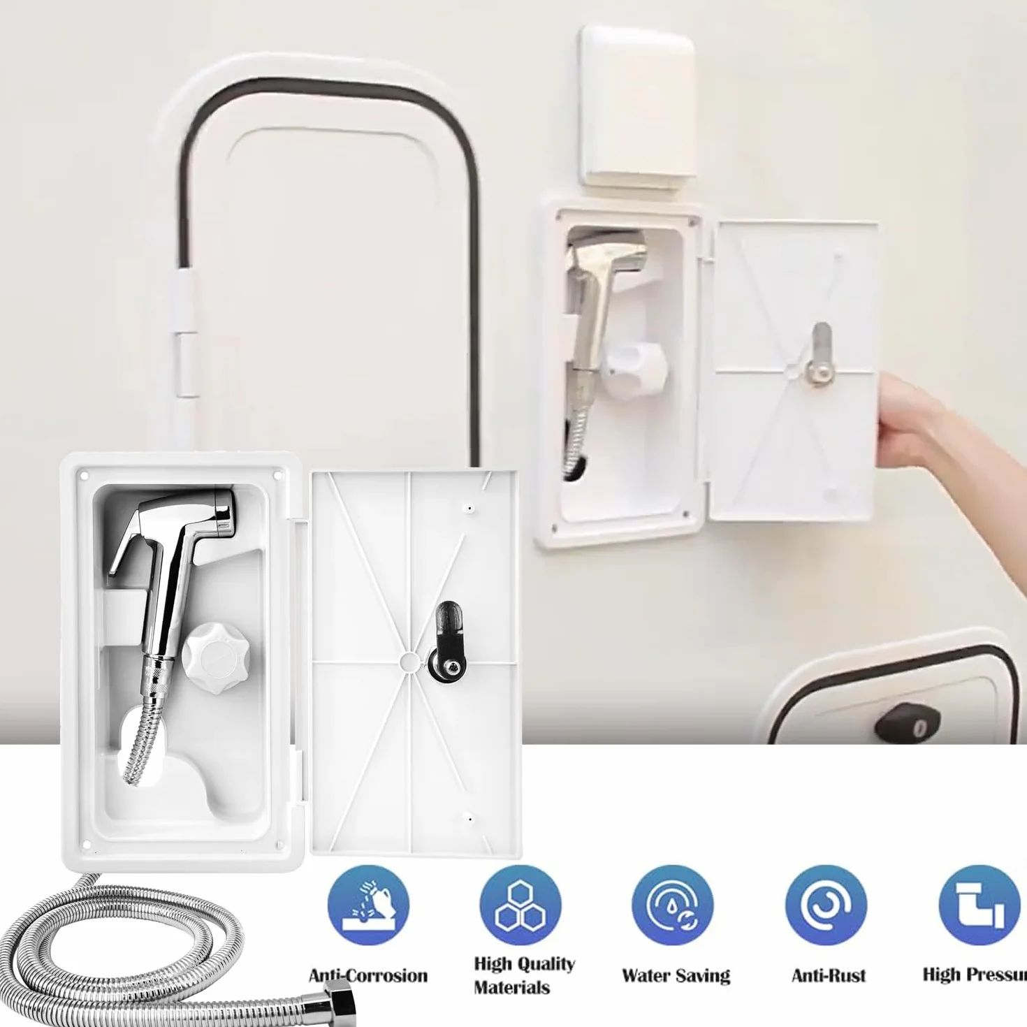Ducha Camper, Extensible Ducha para Autocaravana, TOOSOAR Blanca Ducha para Camping con Manguera Metálica de 1.5 M, Exterior Botón Unico Ducha para Caravana