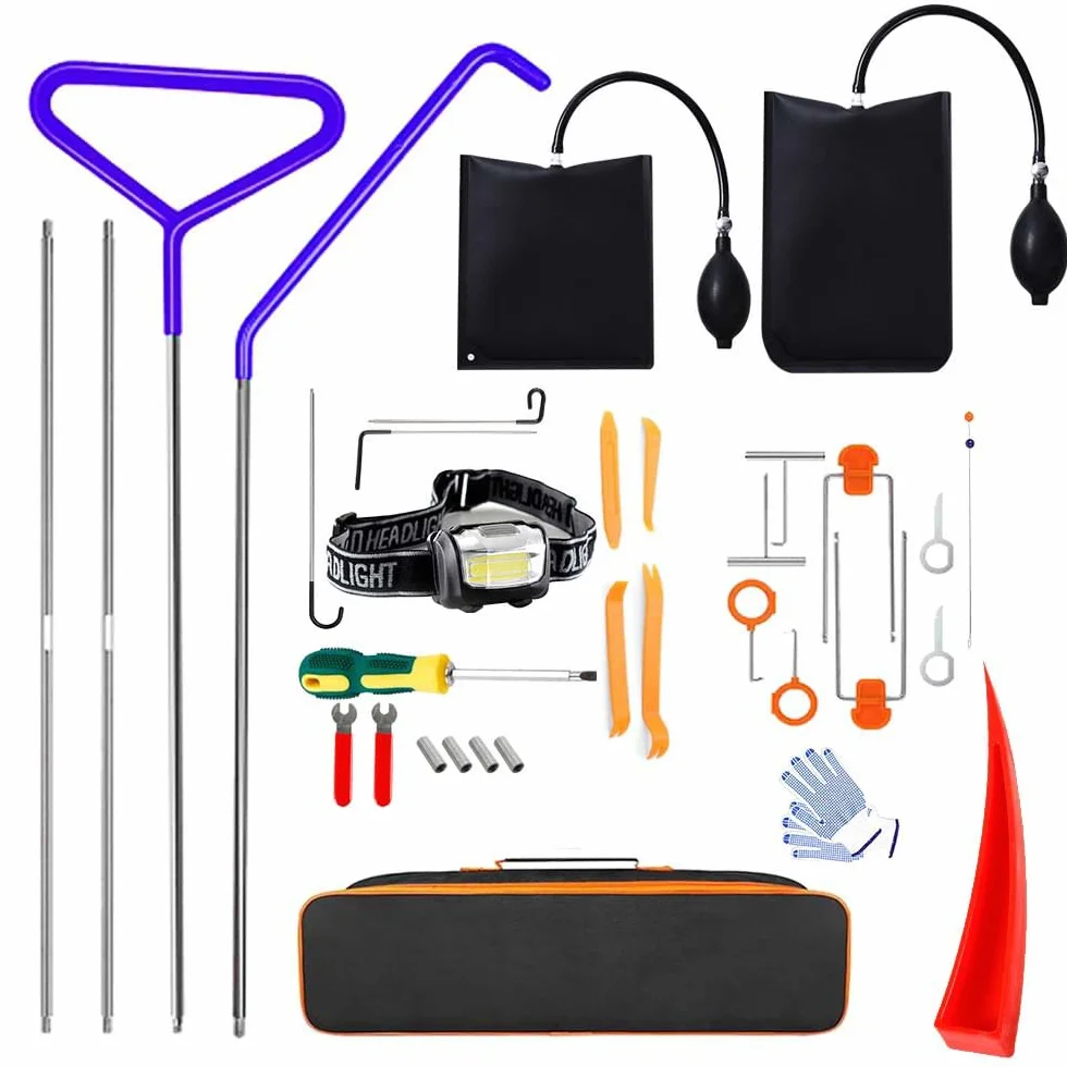 Kit de Emergencia para Coche 33 Piezas, Herramienta de Desbloqueo de Puerta, Bomba de Cuña de Aire