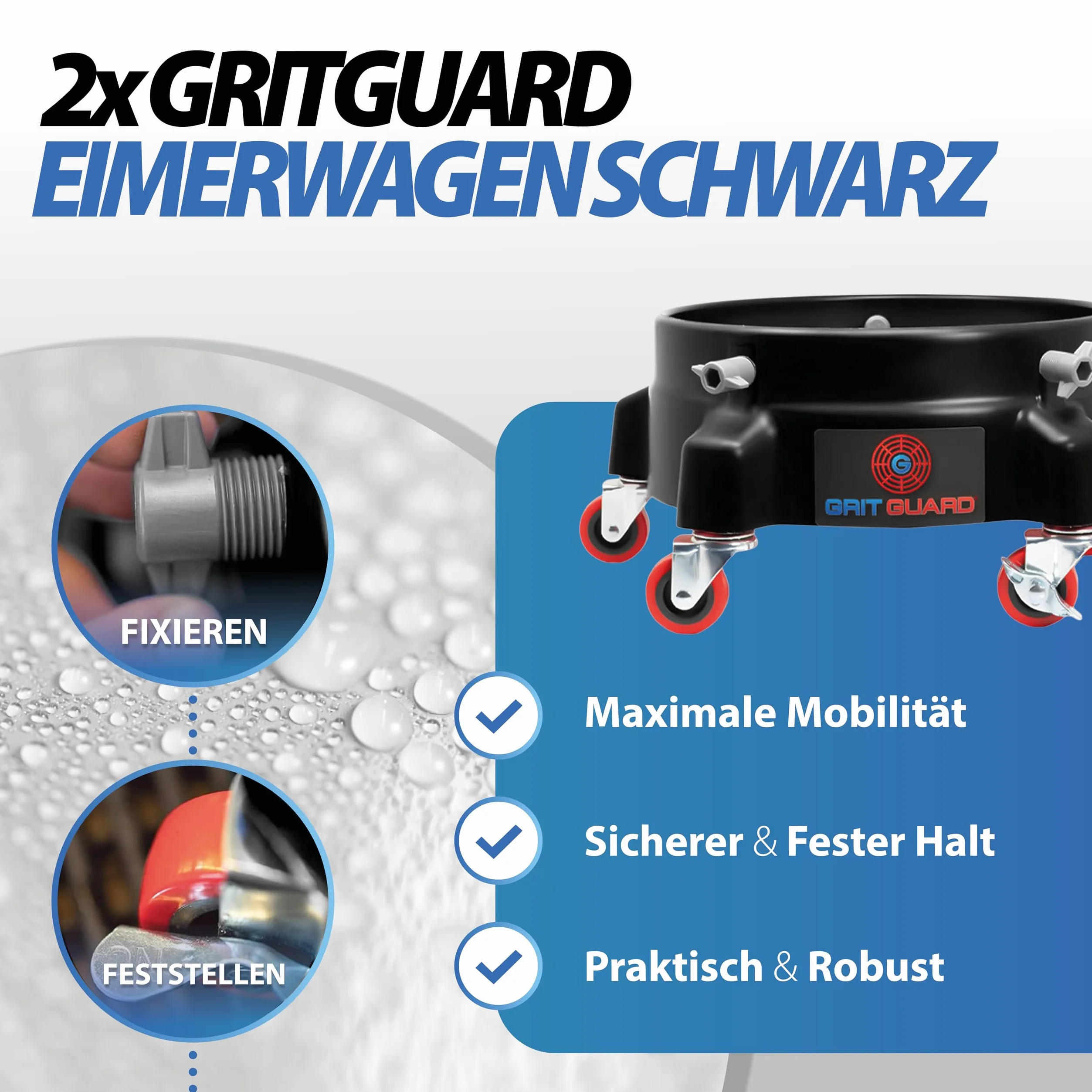 detailmate Juego de 2 cubos GritGuard Bucket Dolly, color negro, accesorios para el lavado profesional del coche, cubo de limpieza ideal para lavado de coches, moto, cuidado del coche