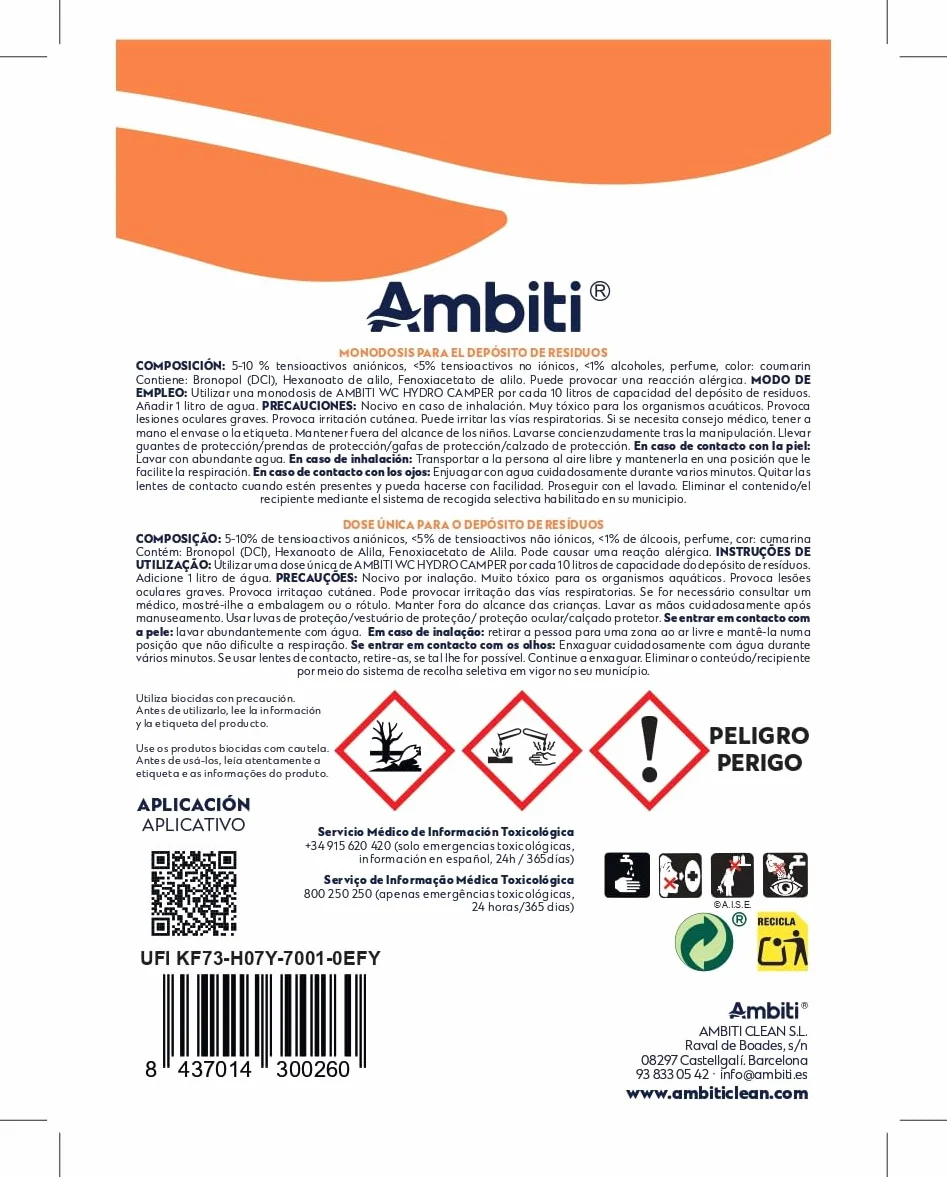 Ambiti | WC Hydro Camper | Monodosis Hidrosolubles para Depósito de Residuos de Autocaravanas,Caravanas y Campers| Elimina Deshechos Orgánicos| Fragancia Piña colada| 20 dosisx 10 g/unidad