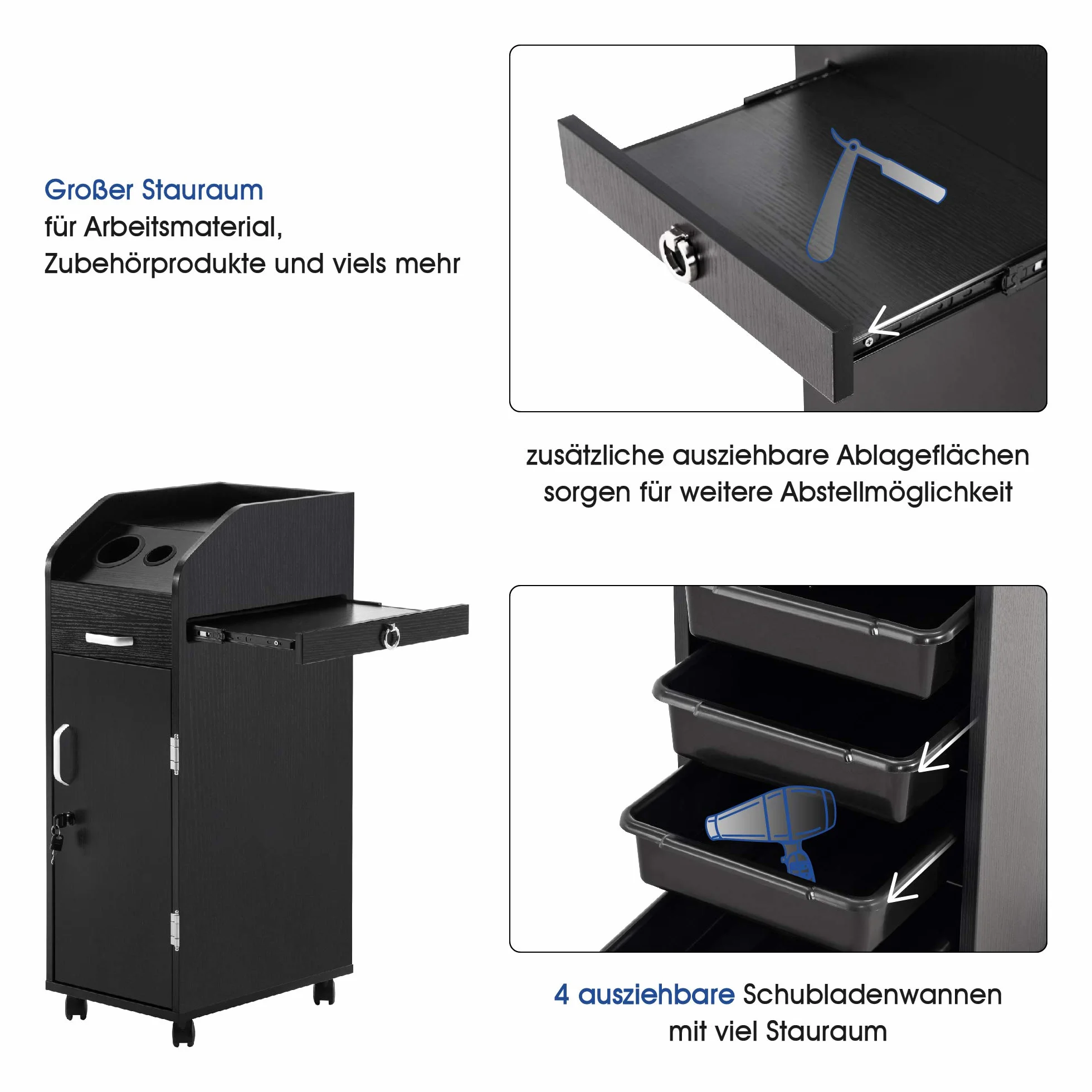 BarberPub Carrito de Peluquería con Ruedas Apilable 2011 Negro