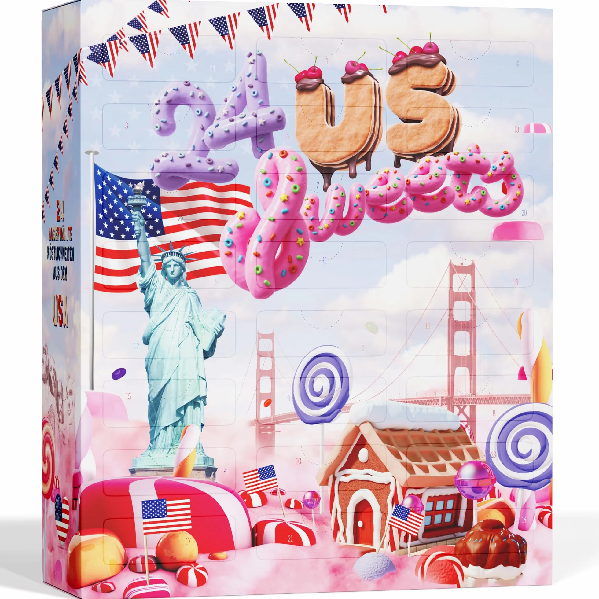 UMBRELLA® Calendario de Adviento USA 2025 con Golosinas Americanas Originales – 24 Dulces USA para Niños, Mujeres y Hombres
