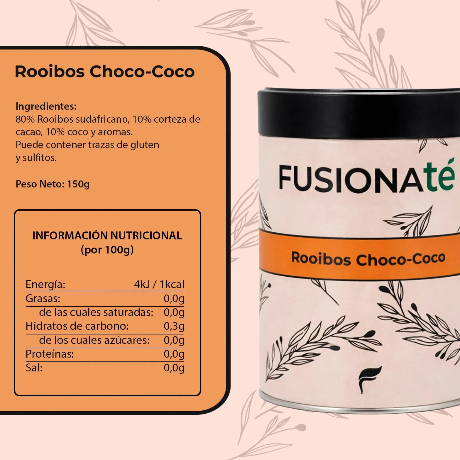 FUSIONATE Rooibos Cacao y Coco 150g Alternativa Chocolate Caliente Infusión Sin Cafeína