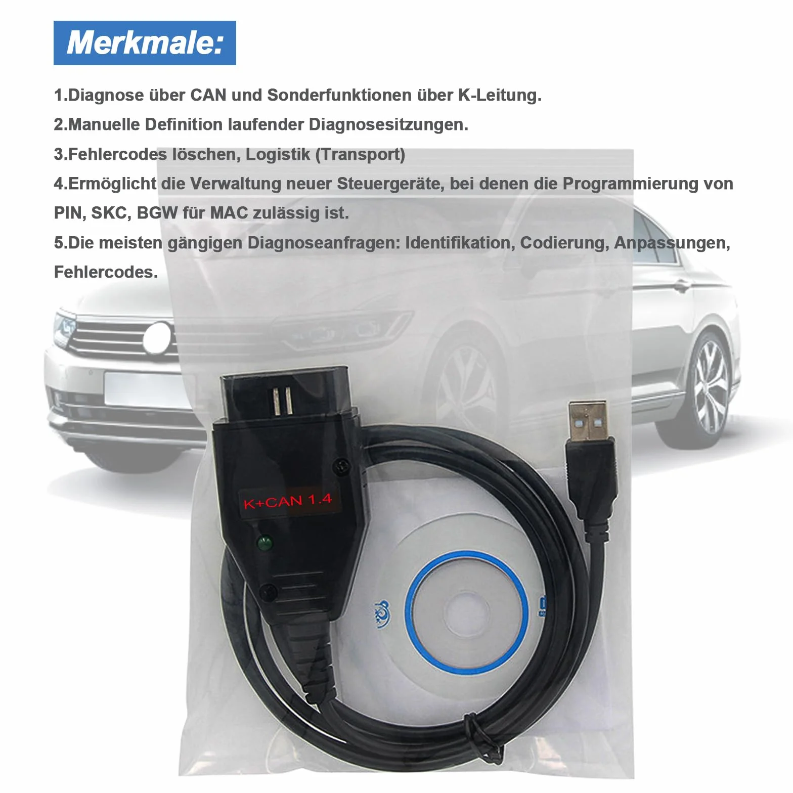 para K Can Commander v1.4 Cable OBD2 a USB,para vehículos BMW/Audi/Skoda/Seat/Nissan,Compatible con k+Can Commander 1.4 y Herramienta de escaneo de Software de programación ECU V-vvTOOL