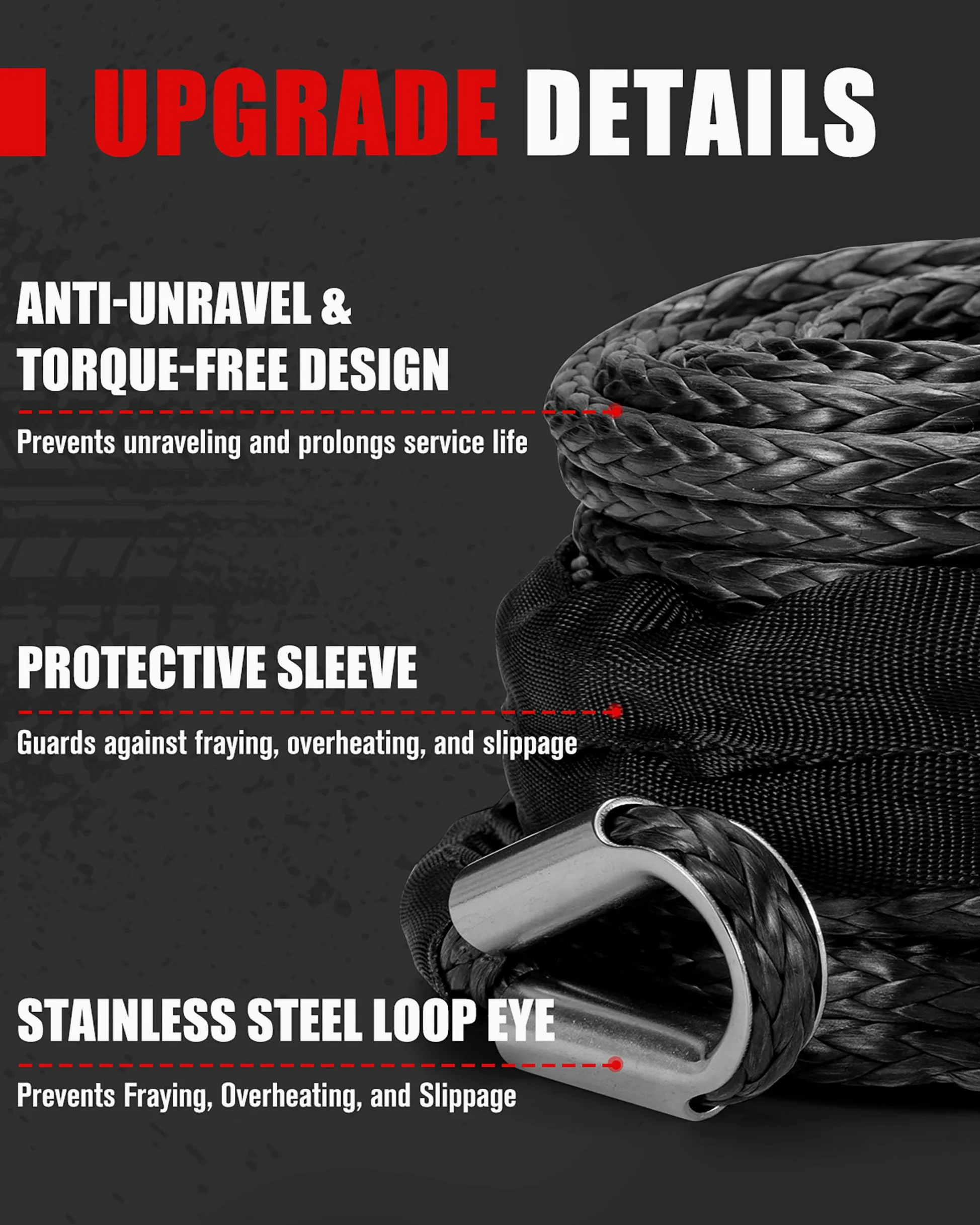 FieryRed - Cable de recuperación de Remolque sintético Resistente de 0,95 cm x 2,54 m, Color Negro para vehículos Todoterreno ATV UTV SUV y Motocicleta