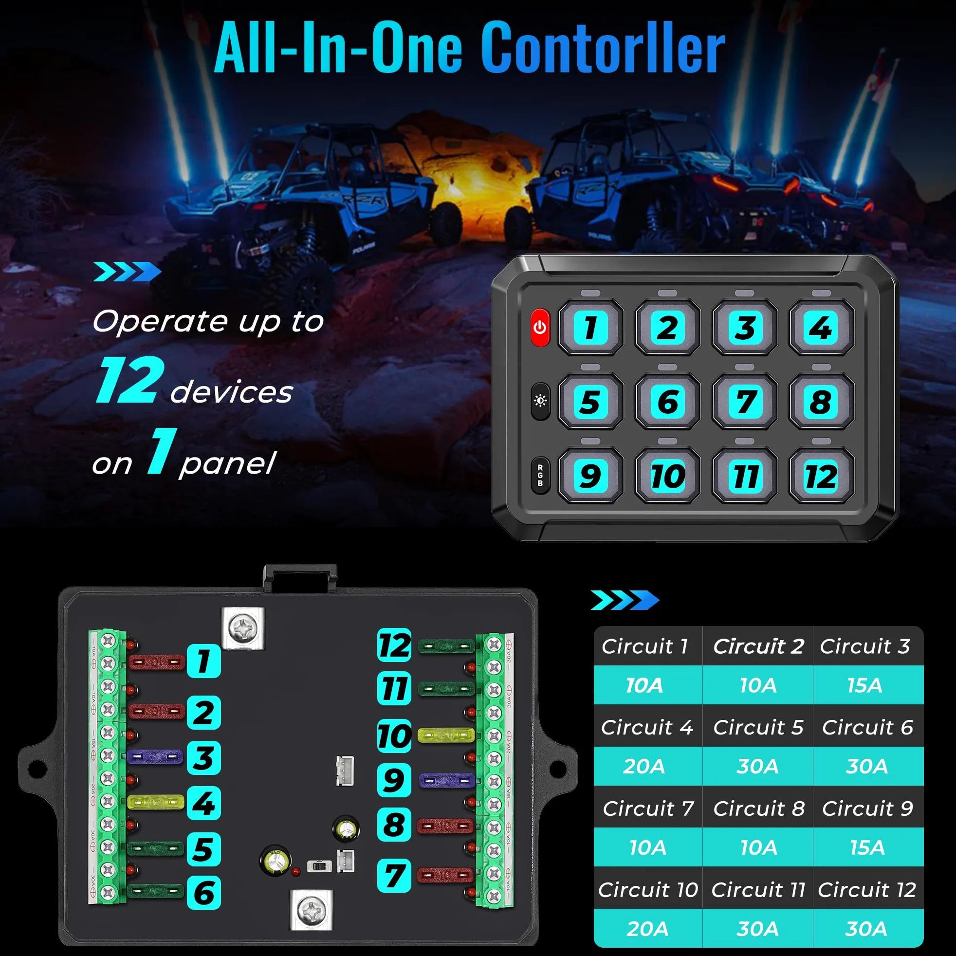 Panel de interruptor RGB de 12 velocidades, regulable automáticamente, panel de interruptores multifunción con memoria de impulso de inclinación instantánea, panel de aluminio para camiones