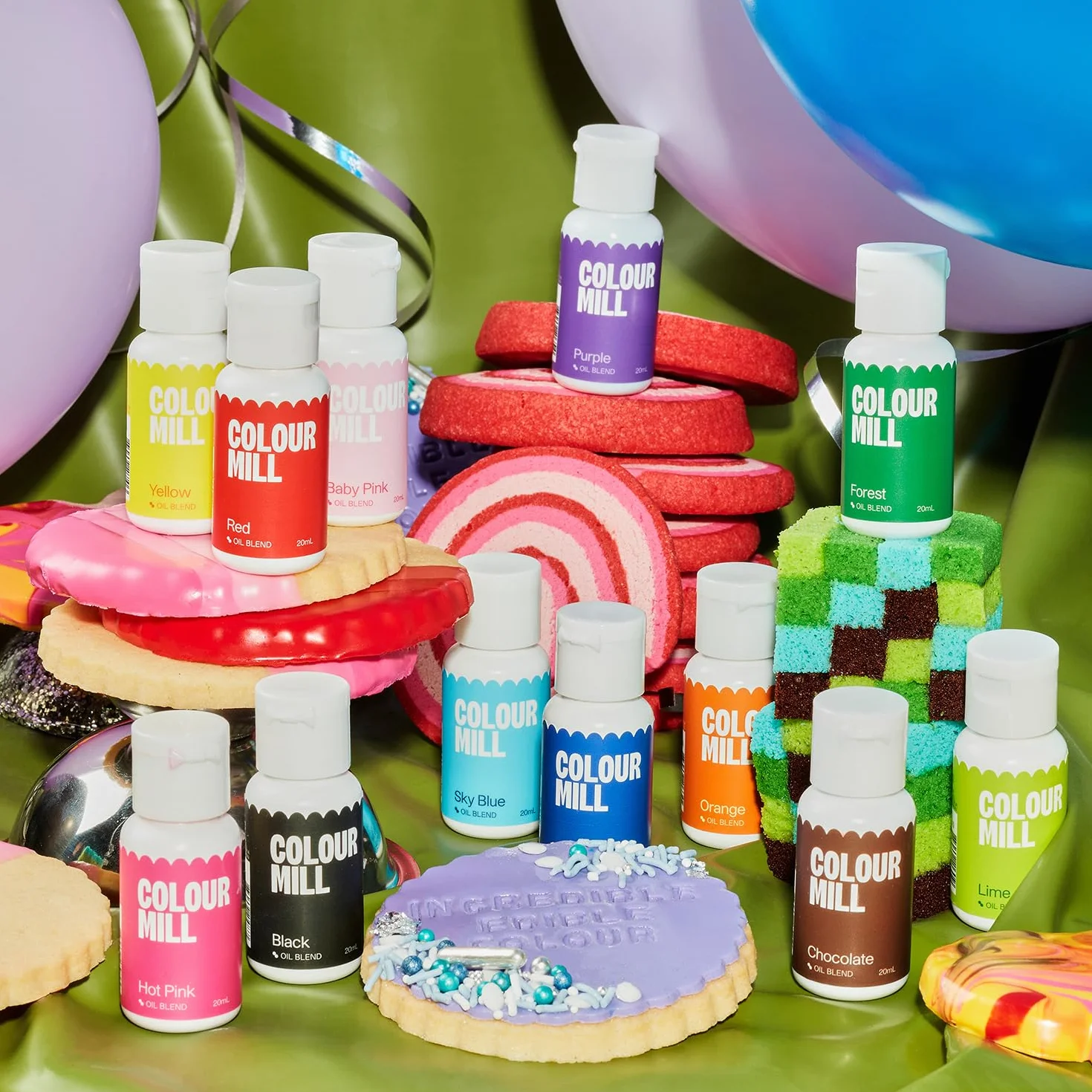 Colour Mill Oil Blend Food Colouring Set 12 x 20 ml Next Generation Food Colours Yellow Orange Red Hot Pink Baby Pink Purple Black Chocolate Forest Lime Sky Blue Royal
