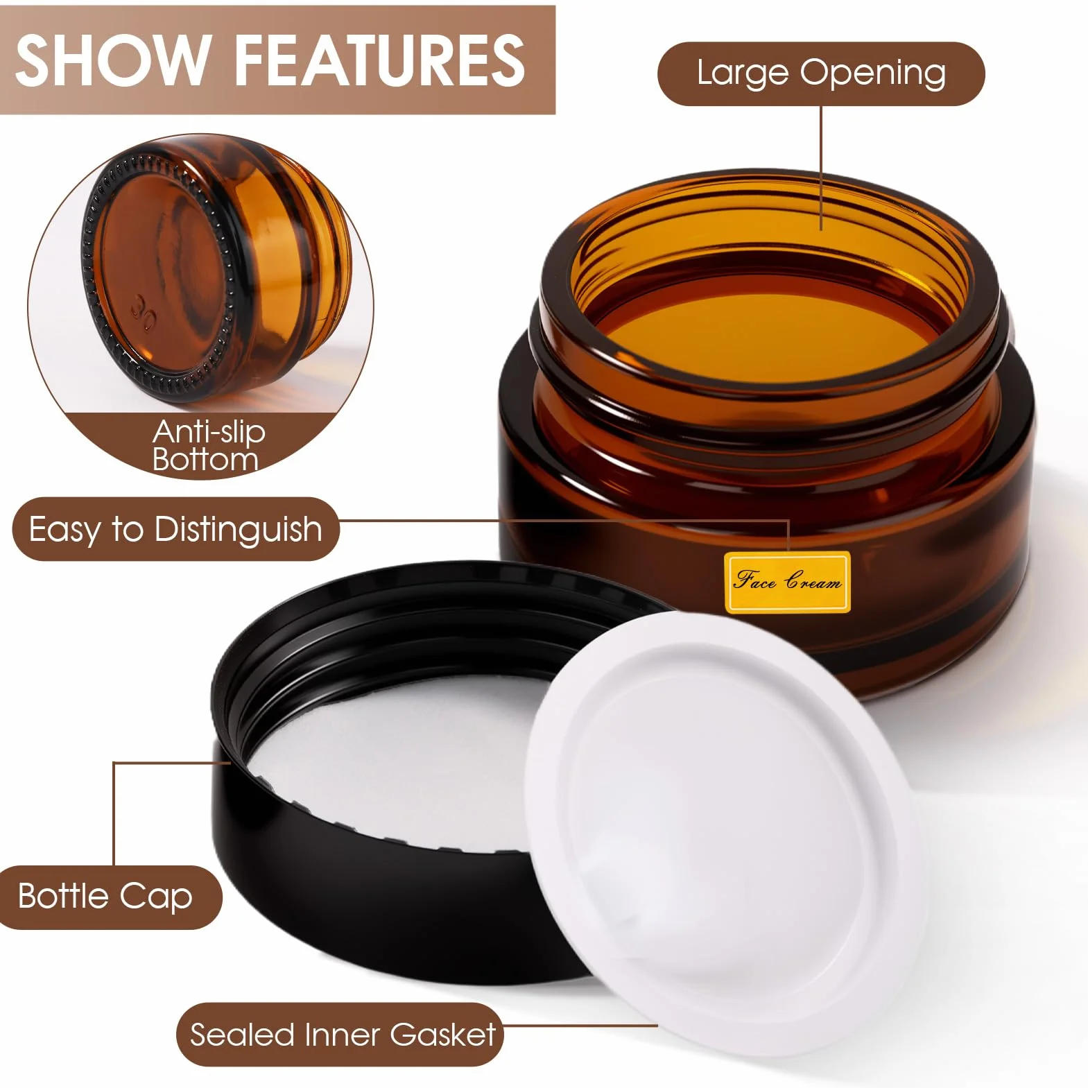 Ámbar Tarros Cosmeticos 20ml, Tarros de Crema con 2 Raspadores, Contenedor de Cosméticos Marrón, Tarro de Cristal con Tapa