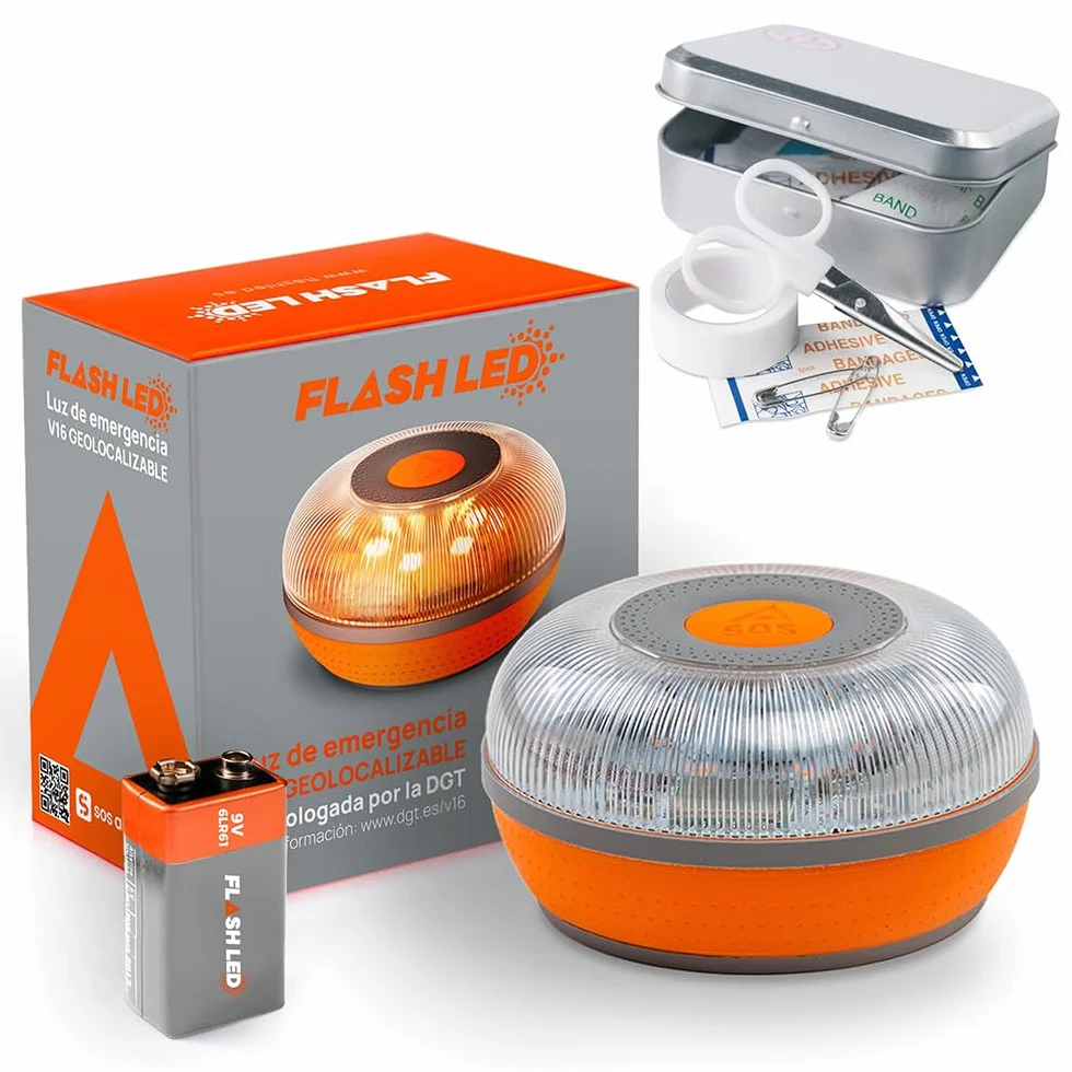 Luz de Emergencia V16 Homologada DGT 3.0 LED Flash SOS Base Imantada IP54 + Set Mini Primeros Auxilios