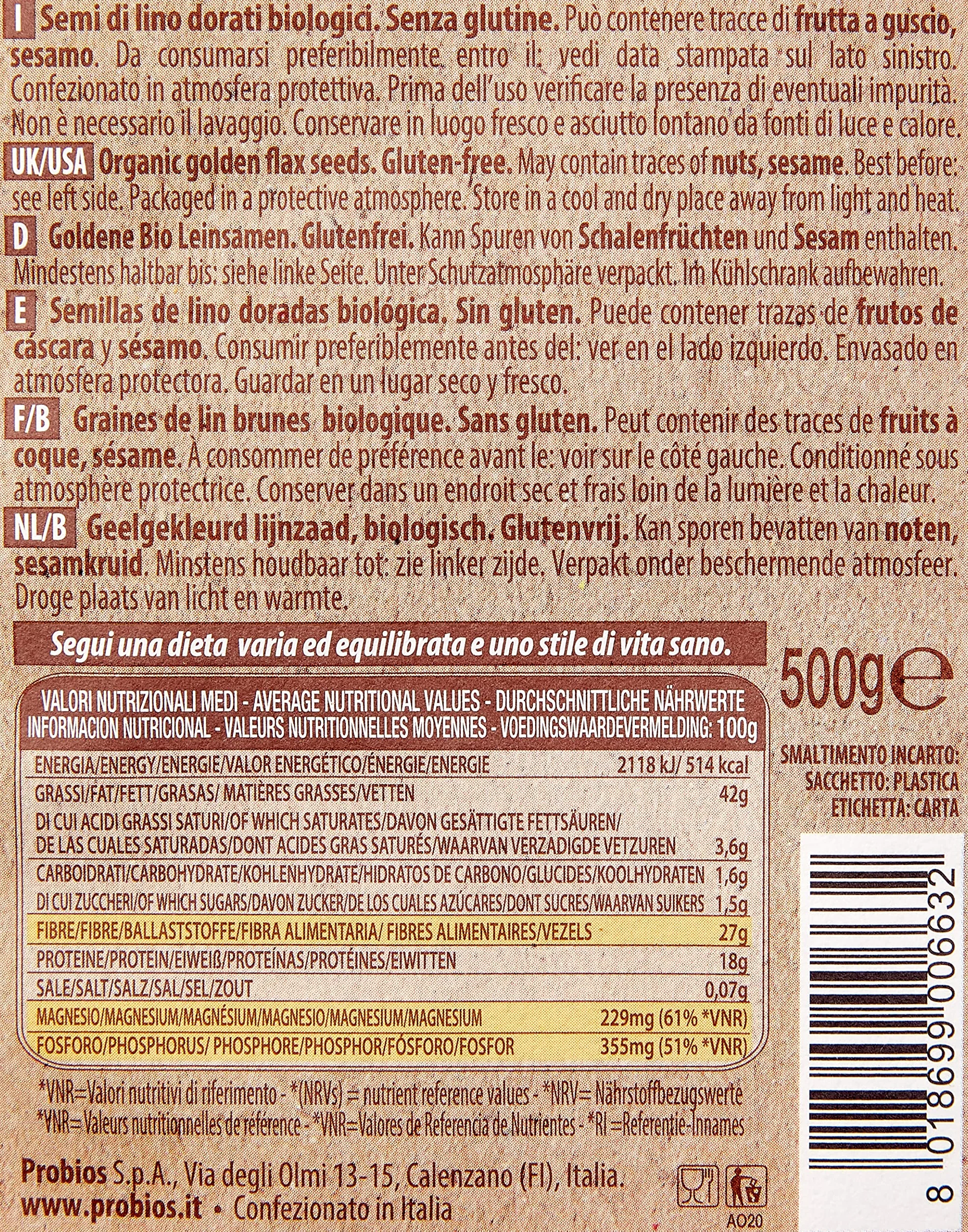 Probios Semillas de Lino Dorado - Alto en Proteínas - Sin Gluten - Paquete de 6 (6 x 500 g)