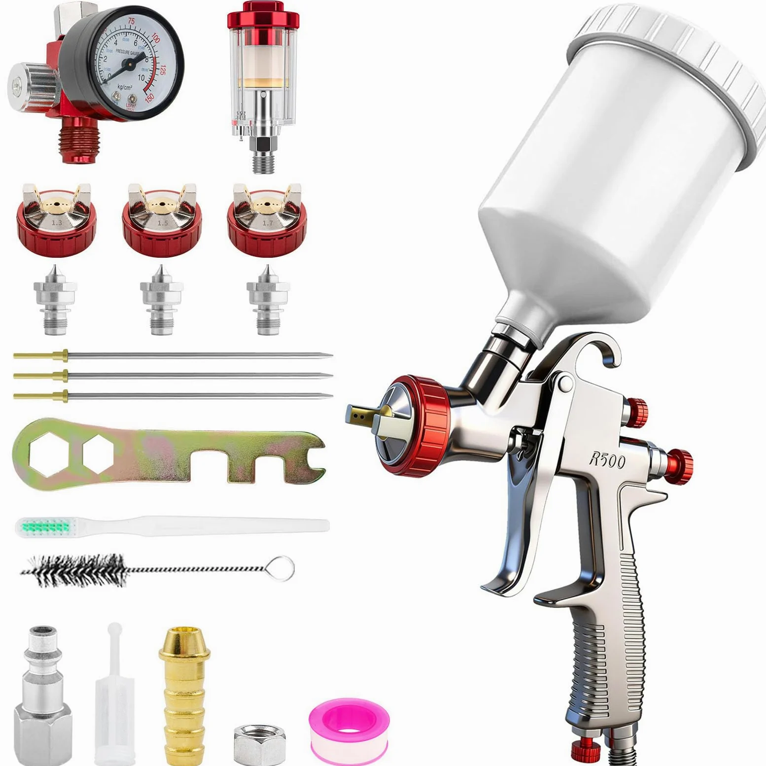 R500 LVLP - Kit de pistola de pulverización de aire premium con boquilla de 1.3/1.5/1.7 mm y regulador de aire, pistolas de pintura R500 para automóviles, pintura de casa, muebles, bricolaje