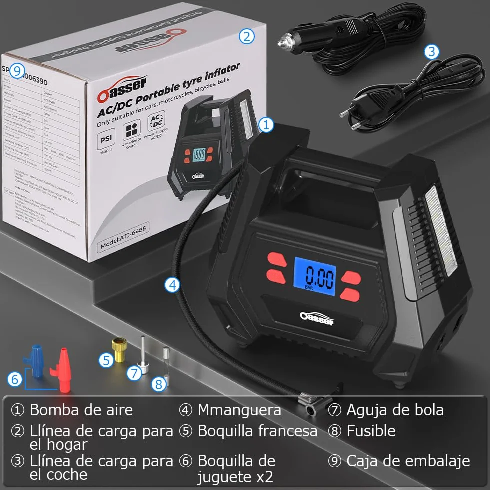 Oasser Inflador Ruedas Coche DC 12V y AC 220V Compresor Aire portatil con Pantalla LCD Luz LED Cable de 3M 150PSI para Coches, Motos y Bicicletas