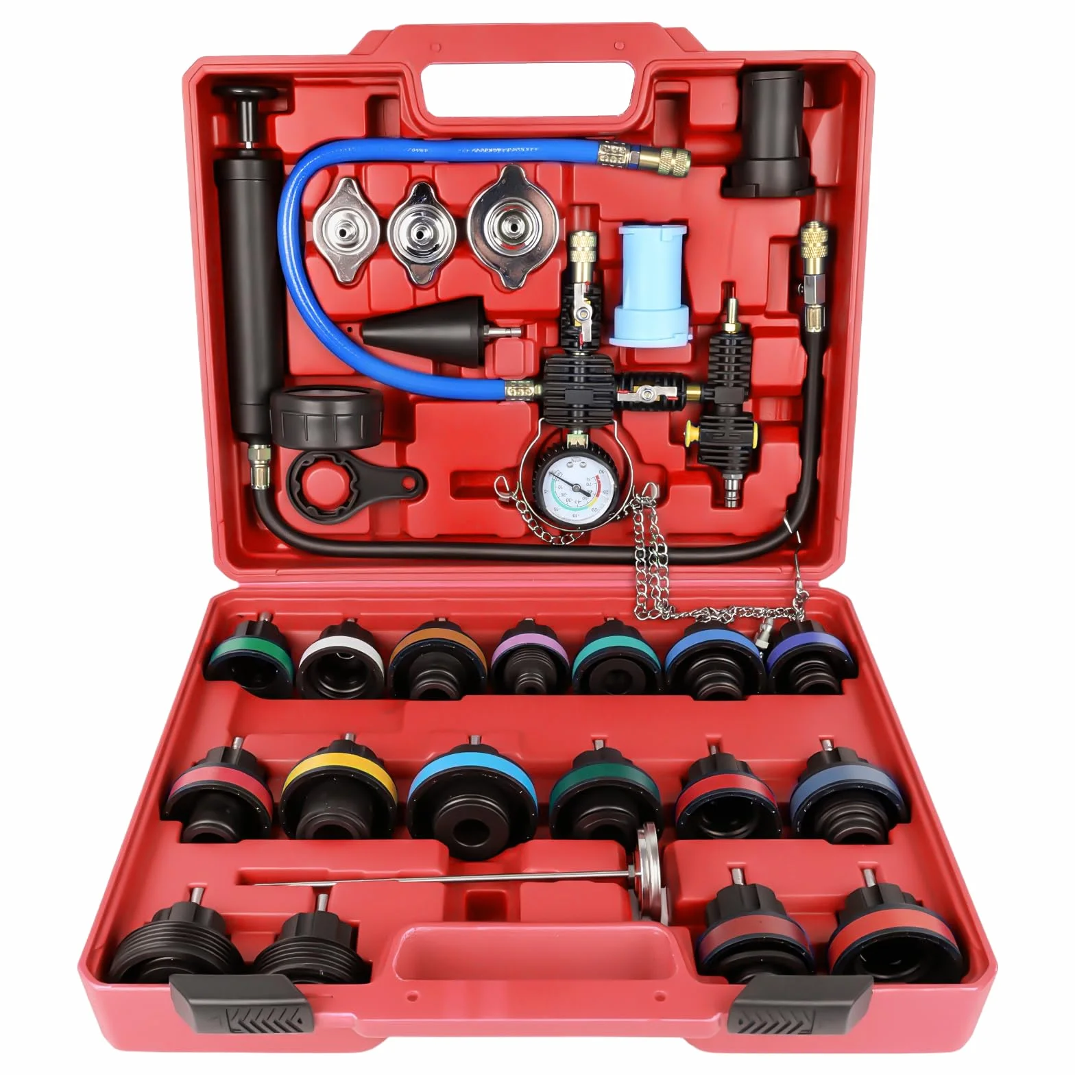 OiLiehu Kit de Probador de Presión de Refrigerante 28 Piezas, con Herramienta de Purga y Llenado, 17 Adaptadores Metálicos para Coches, Color Rojo