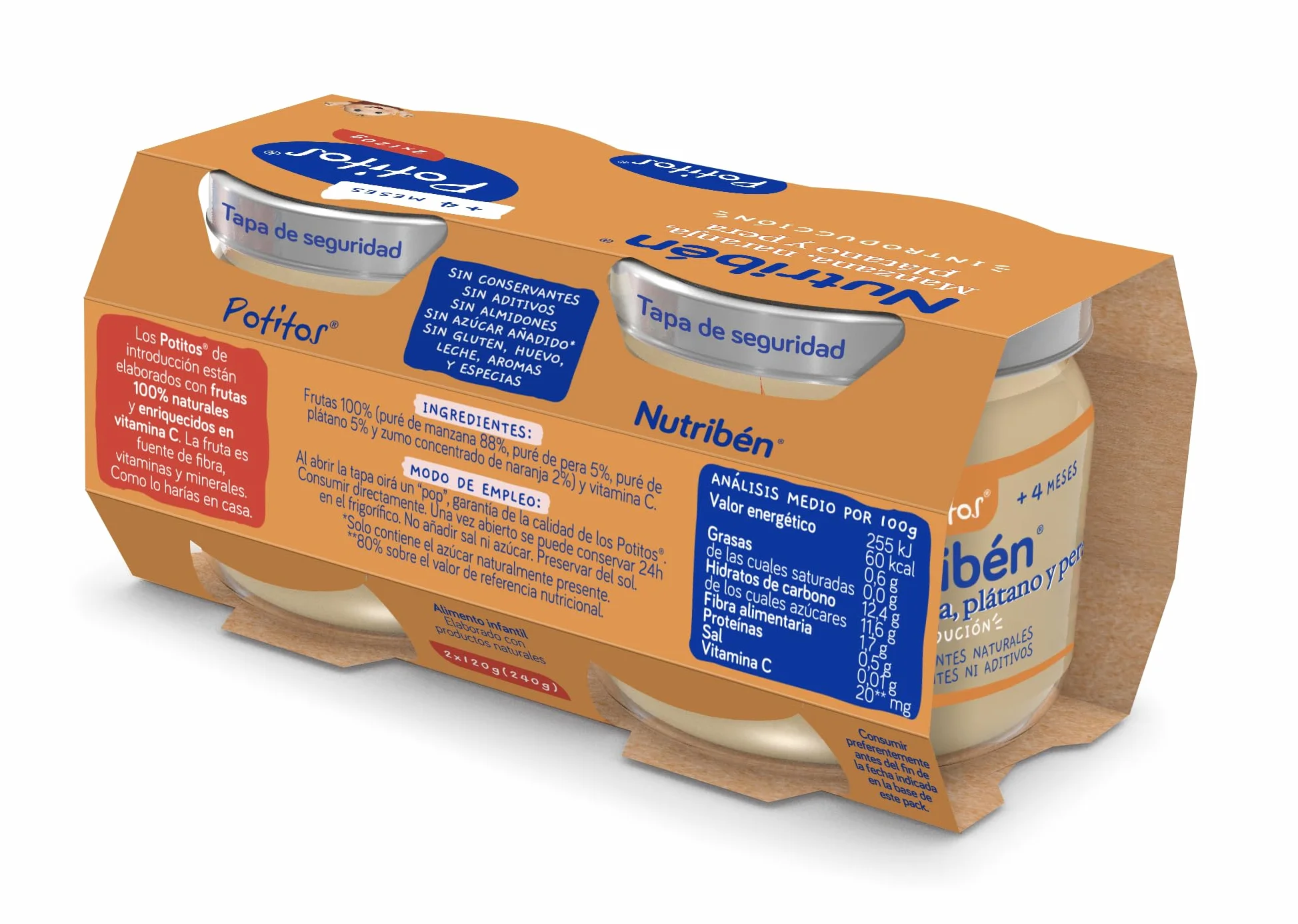 Nutribén Potitos pack Merienda Manzana Naranja Plátano Pera Sin almidones 4 meses 3 bipacks 6x120gr