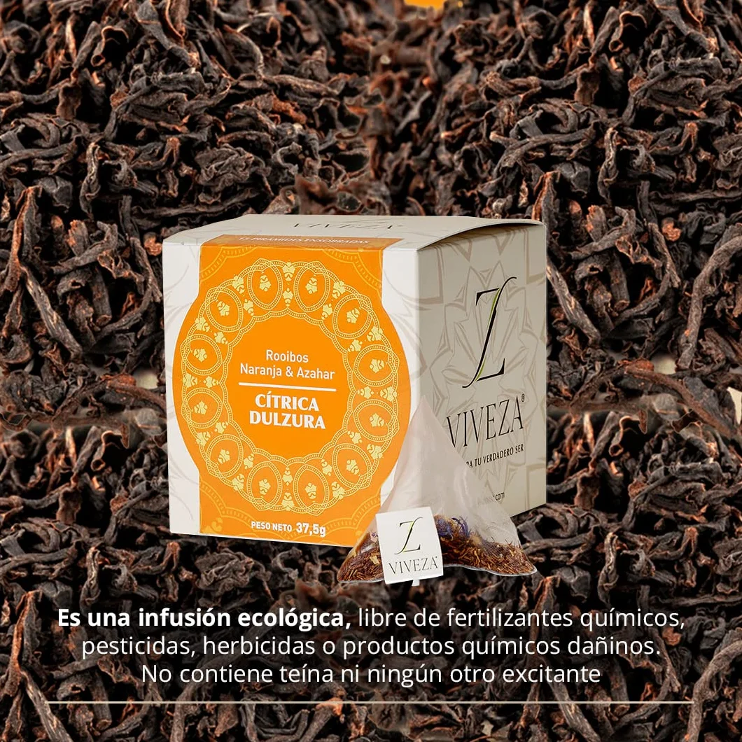 Viveza Cítrica Dulzura Infusión Rooibos con Naranja y Azahar Sin Teína Caja 15 Pirámides 37,5 gr