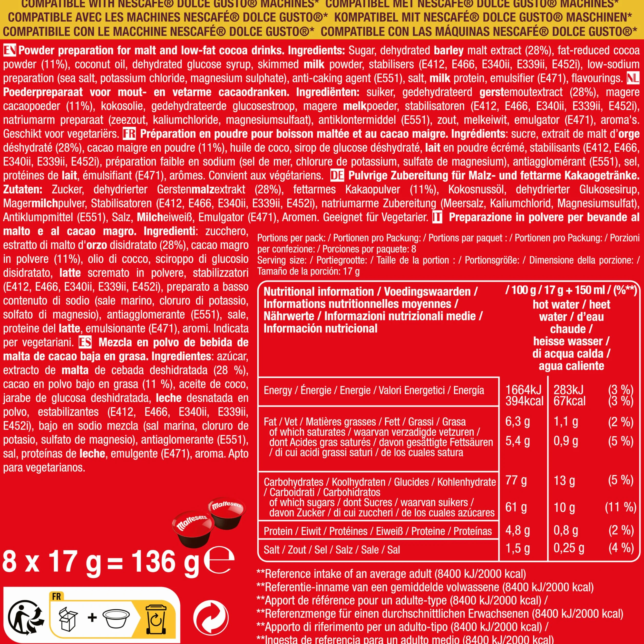 Mars Bebidas de Chocolate Caliente Compatible con Dolce Gusto 48 Cápsulas Mars Twix Milkyway Snickers Bounty Malteser
