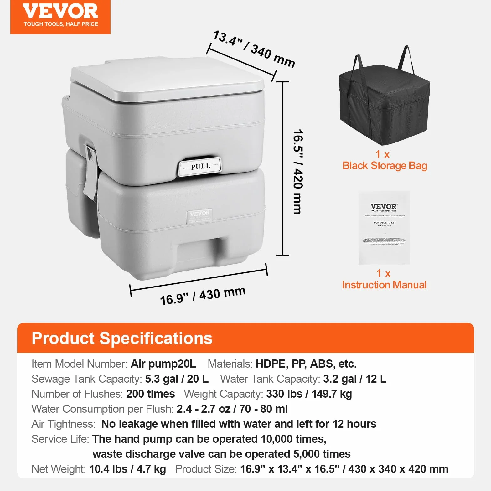 VEVOR Inodoro Portátil para Acampar con Bolsa de Transporte, Tanque de Desechos de 20 L y Tanque de Descarga de 12 L, Presurizado con Botón, a Prueba de Fugas, para Autocaravana, 430 x 340 x 420 mm
