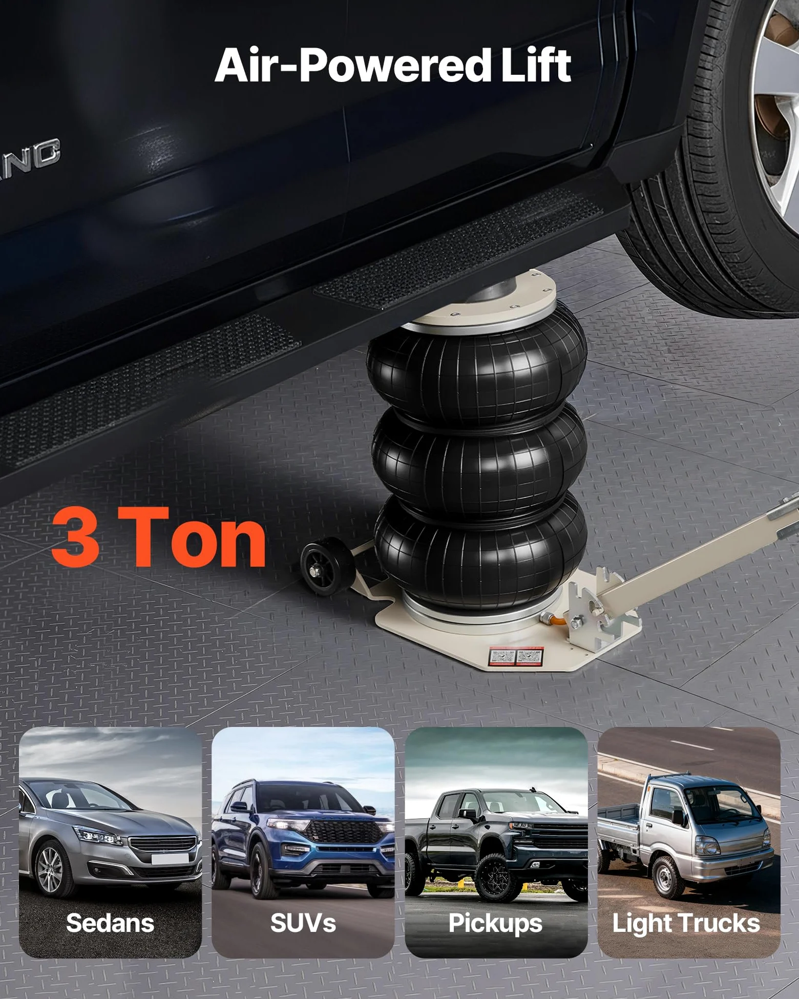 VEVOR Gato Neumático para Coches 3 T, con 6 Tubos de Acero y Manivela Ajustable, Altura de Elevación 140 a 450 mm, para Cambios de Neumáticos y Reparaciones de Vehículo, 1100 x 268 x 140–450 mm