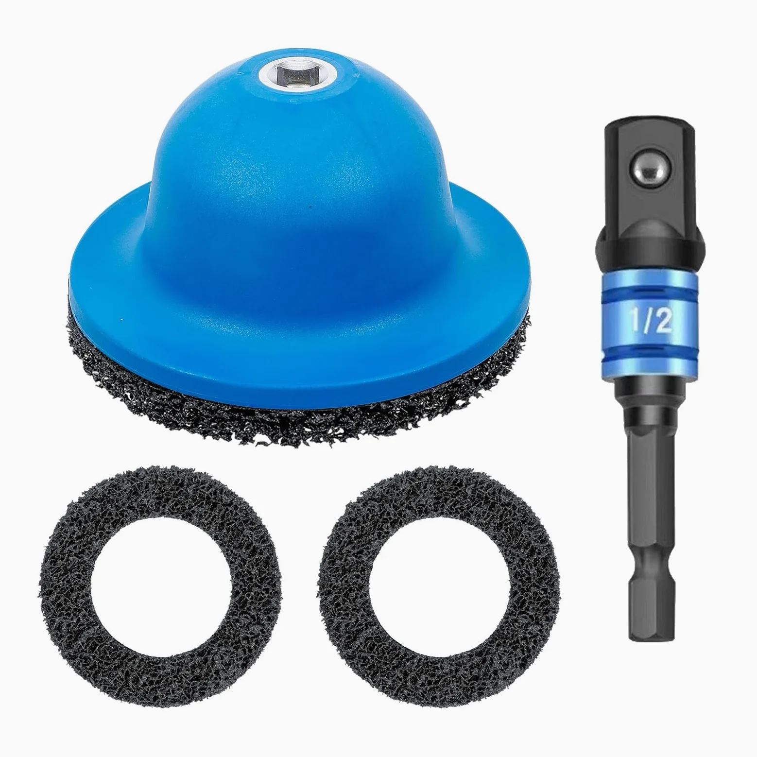 Juego de lijadora de rueda con adaptador de destornillador de 1/2" y 2 discos abrasivos de carburo de silicio, limpiador de bujes de rueda para eliminar el óxido, lijadora de bujes de 150 mm