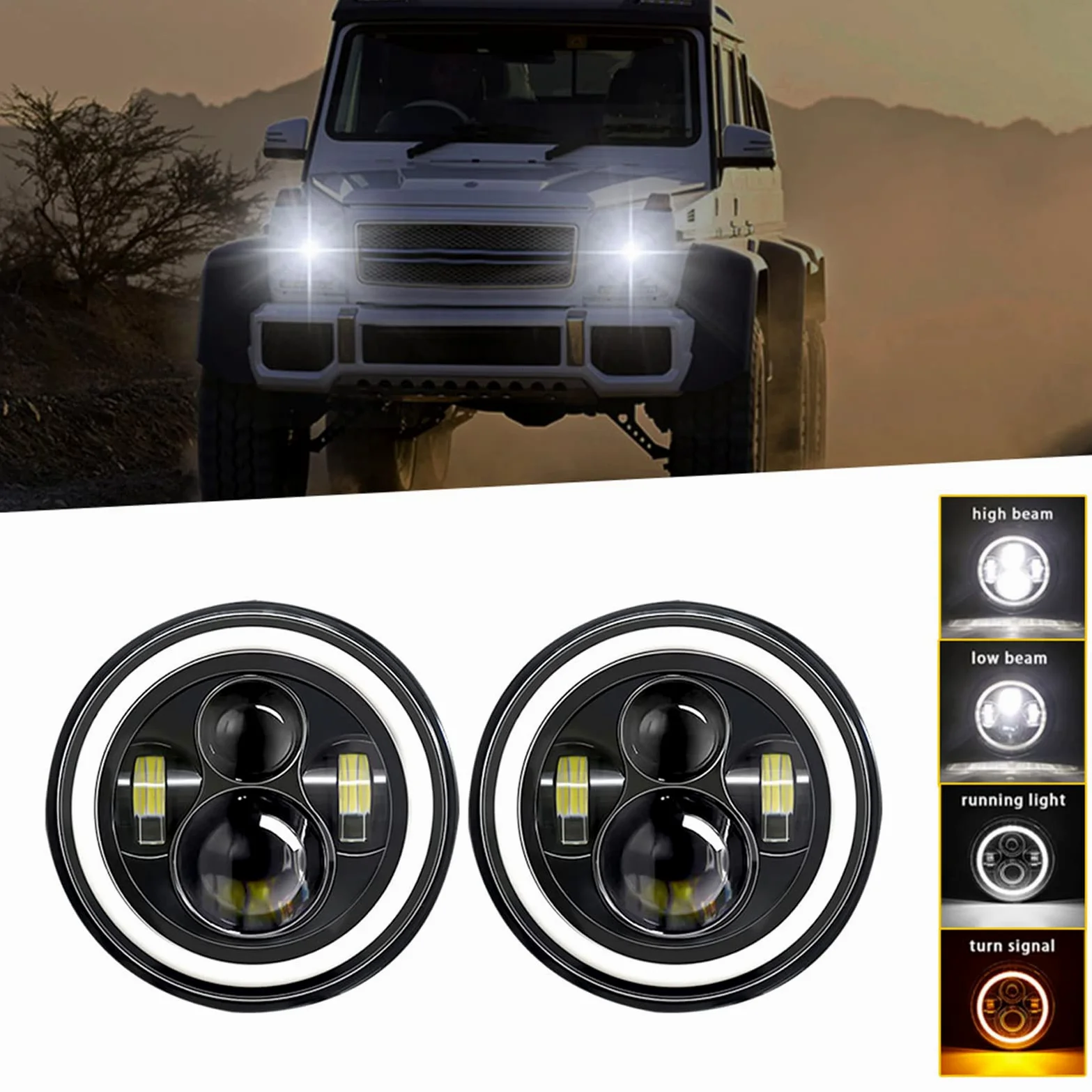 Faro Coche H4 Faros Angel Eyes Luz Faro Moto LED 7 Pulgada 140W 14000LM, Faro Coche LED DRL 6000K Blanco / 3000K Ámbar 4 Modos de Iluminación per 9V-30V Coche Motocicleta Todoterreno