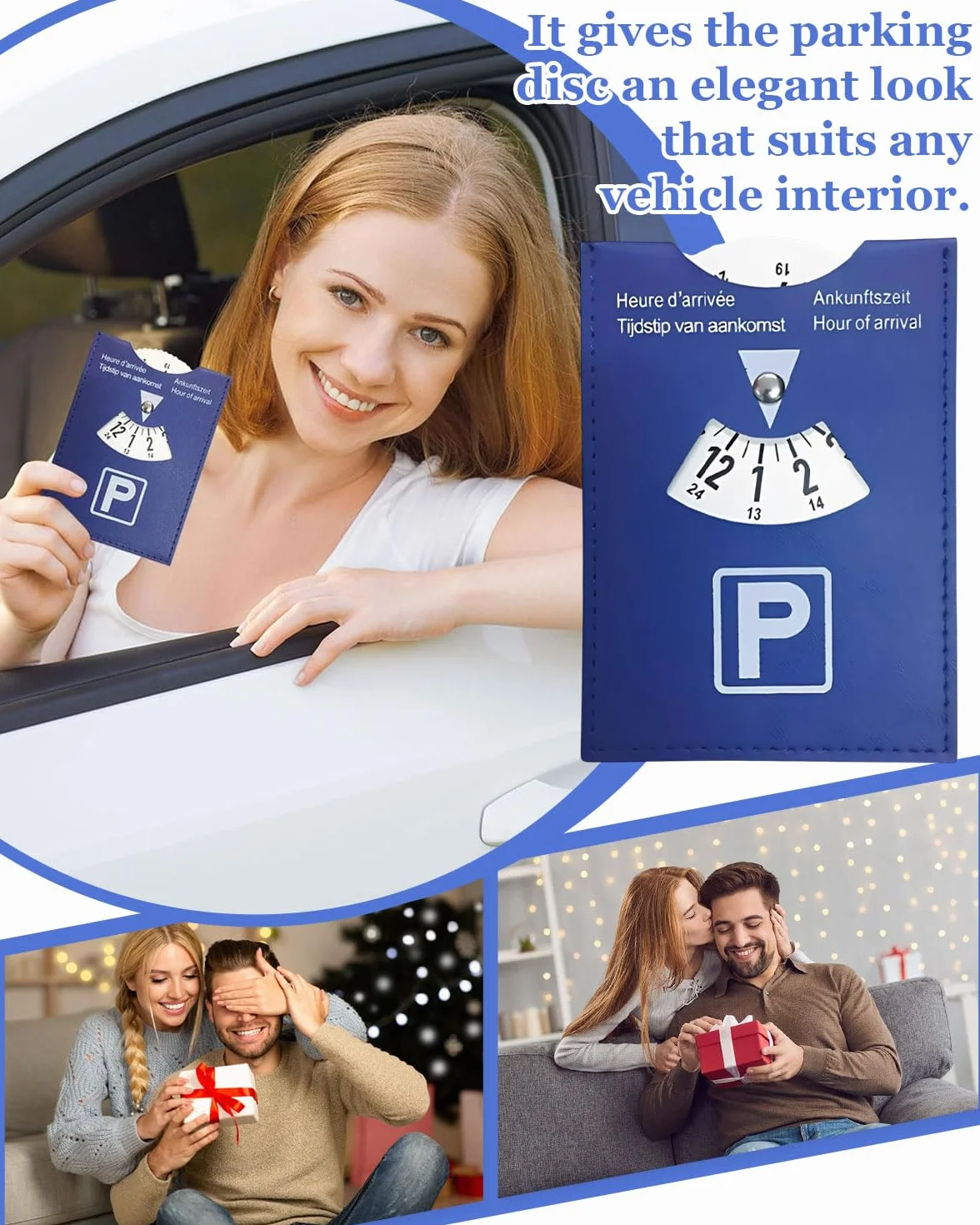 GRETY Disco Horario de Lujo Grande para Estacionamiento, Modelo Europeo Multilingüe, en Cuero Sintético Suave al Tacto, 10x13cm, para Coche, Moto, Azul