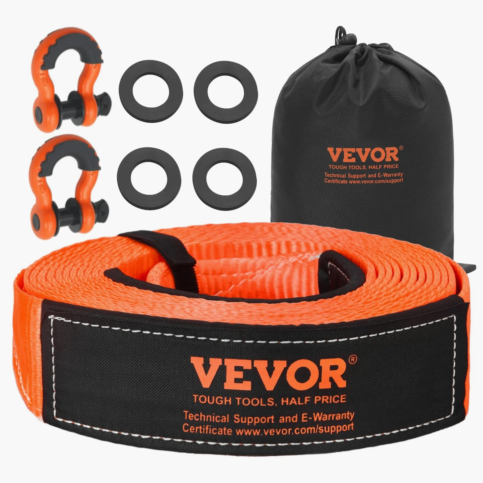 VEVOR Kit de Recuperación de Correas de Remolque, 76,2 mm x 9,1 m Capacidad de 16329 kg Correa de Cabrestante con Fundas Protectoras y Bolsa de Almacenamiento, Grilletes de Anilla en D para SUV, ATV