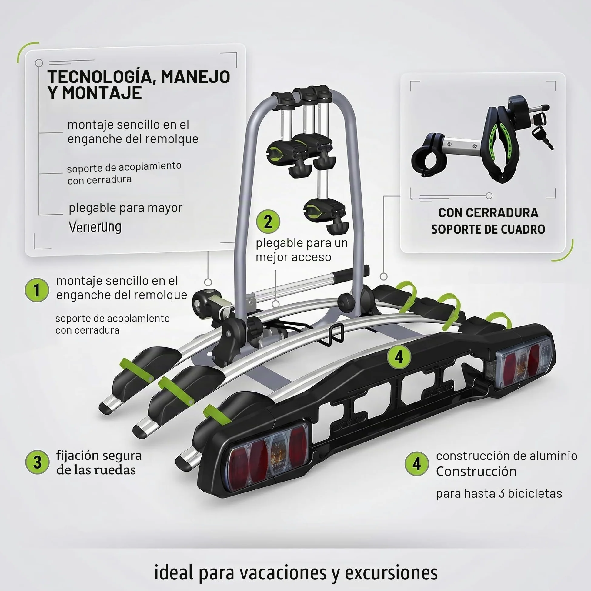 VDP-TBA – Portabicicletas trasero con bloqueo para 2/3/4 ruedas, plegable para remolque con Quick-Lock