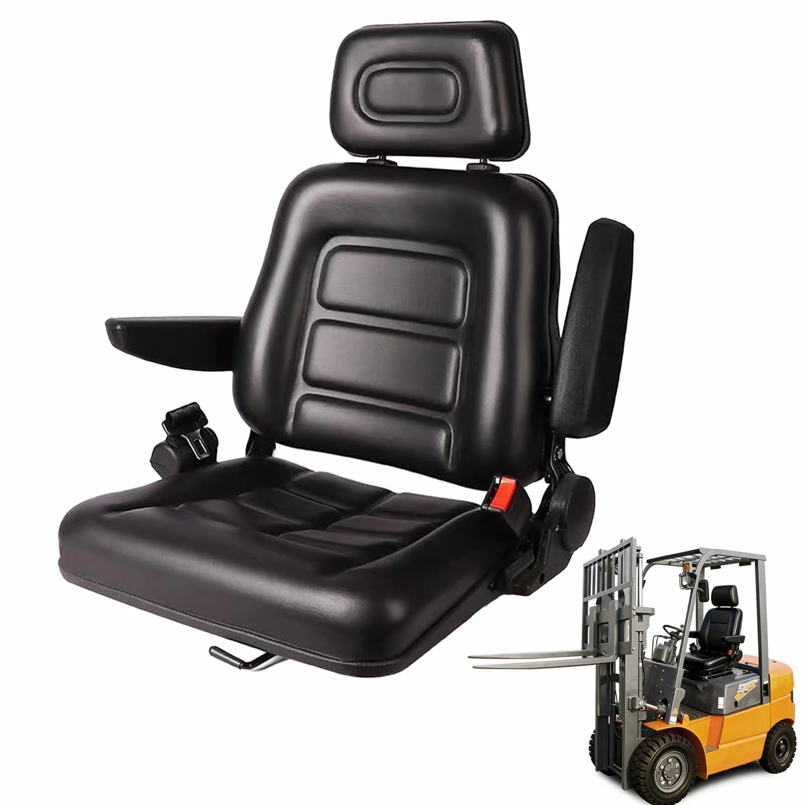 Asiento universal para tractor, asiento plegable para carretilla elevadora con respaldo ajustable y cinturón de seguridad, reposacabezas ajustable en 3 posiciones, reposabrazos plegables y rieles
