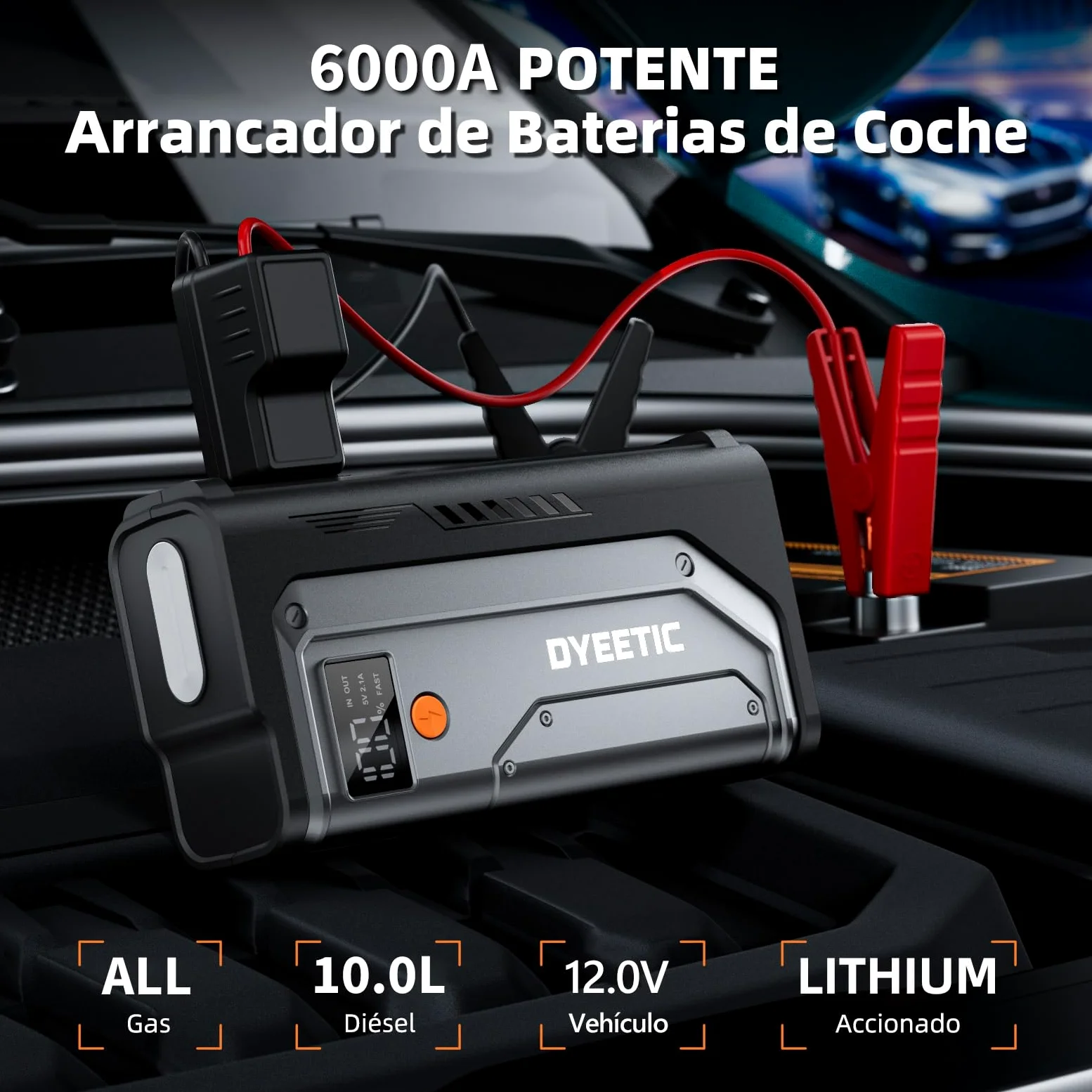 Arrancador de Coche, 6000A Arrancadores de batería de Coche,12V Jump Starter Portátil (para All Gasolina o 10L Diesel) con 18W Carga Rápida, Linterna LED de Emergencia, Cables de Arranque