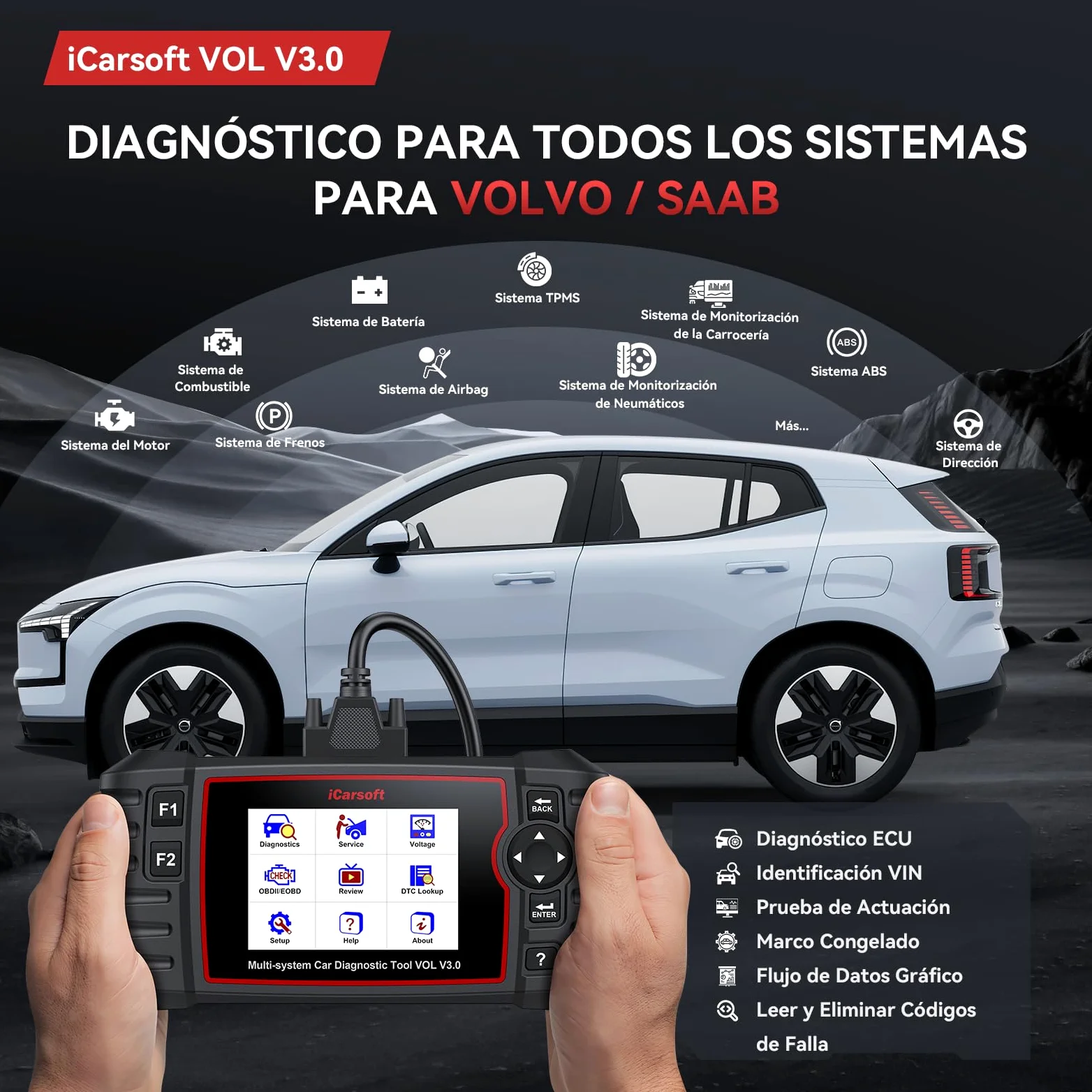 iCarsoft Vol V3.0 OBD2 Máquina Diagnosis Coche para Volvo/SAAB, Bidireccional Escáner de Todo el Sistema, 39 Funciones Reinicio, Prueba de Batería, Vin Automático, Actualizaciones de por Vida