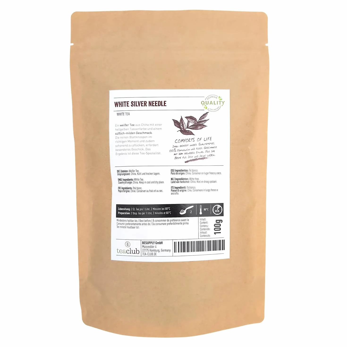 White Silver Needle 100g Té blanco chino a granel con brotes de hoja