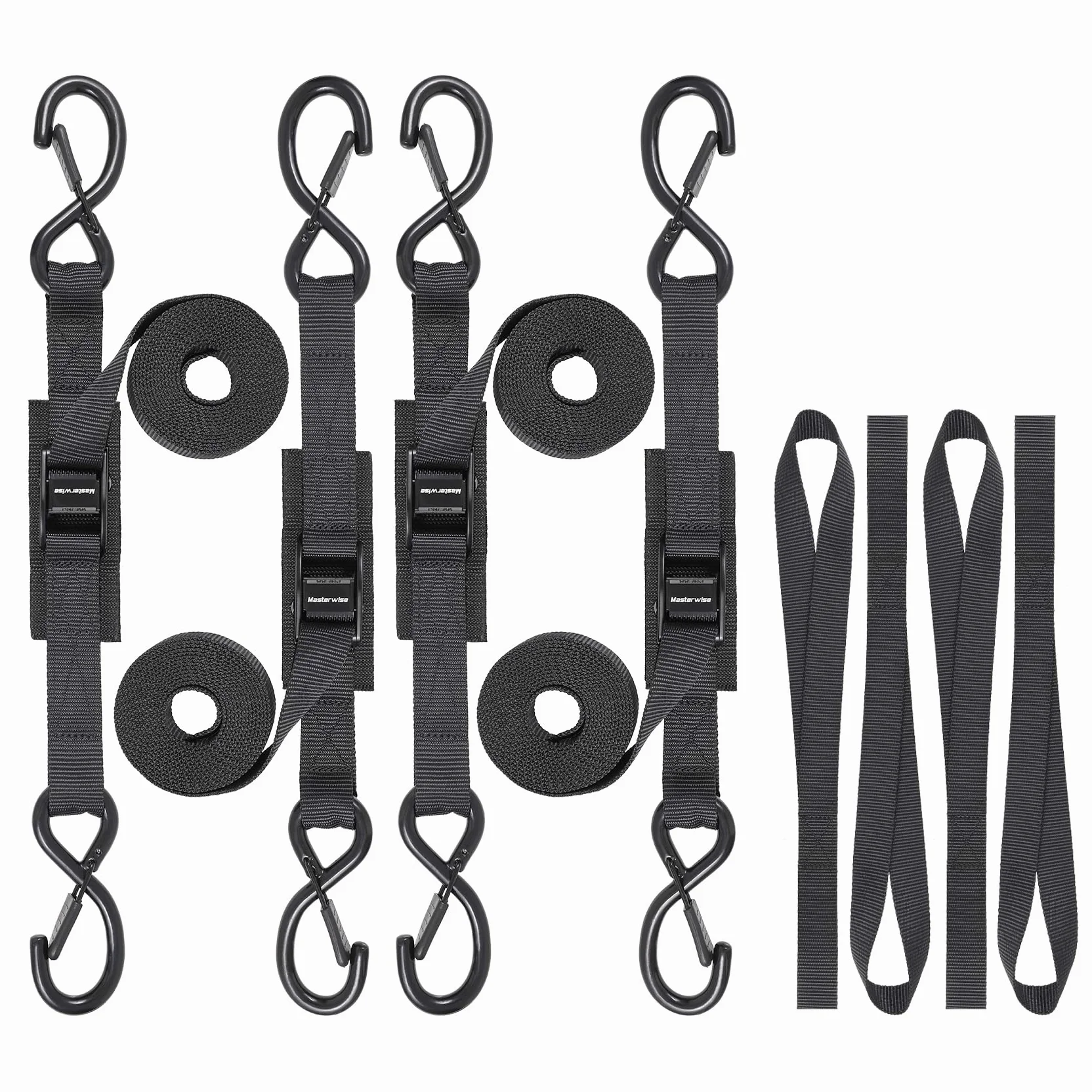 Correas de amarre con ganchos, 8 pies, 2200 libras, resistencia a la rotura, hebilla de leva, juego de amarre con bucles suaves integrados para motocicleta, kayak, coche, camión, moto de