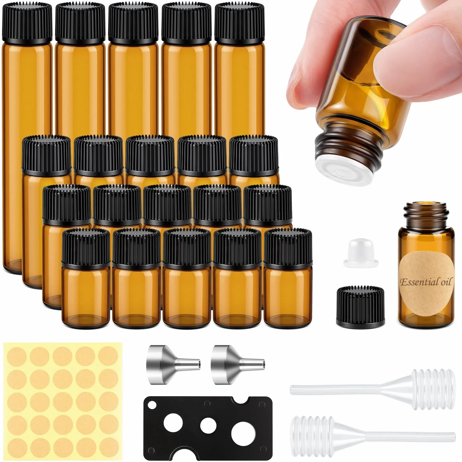 MELLIEX 20 Piezas Botellas de Cristal Marrón Mini Vacías con Tapa para Aceites Esenciales y Perfumes
