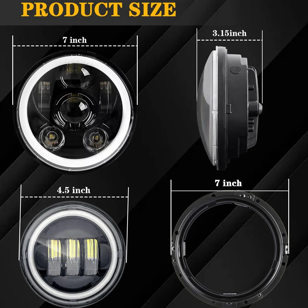 Faros delanteros led de 17,8 cm negros Harley Daymaker y 2 faros antiniebla de 11,50 cm aptos Compatible con motocicleta Harley Davidson Road King (1 juego) | Faro principal de 7 pulgadas + 2 faros antiniebla de 4,5 pulgadas. Negro. Compatible con Harley