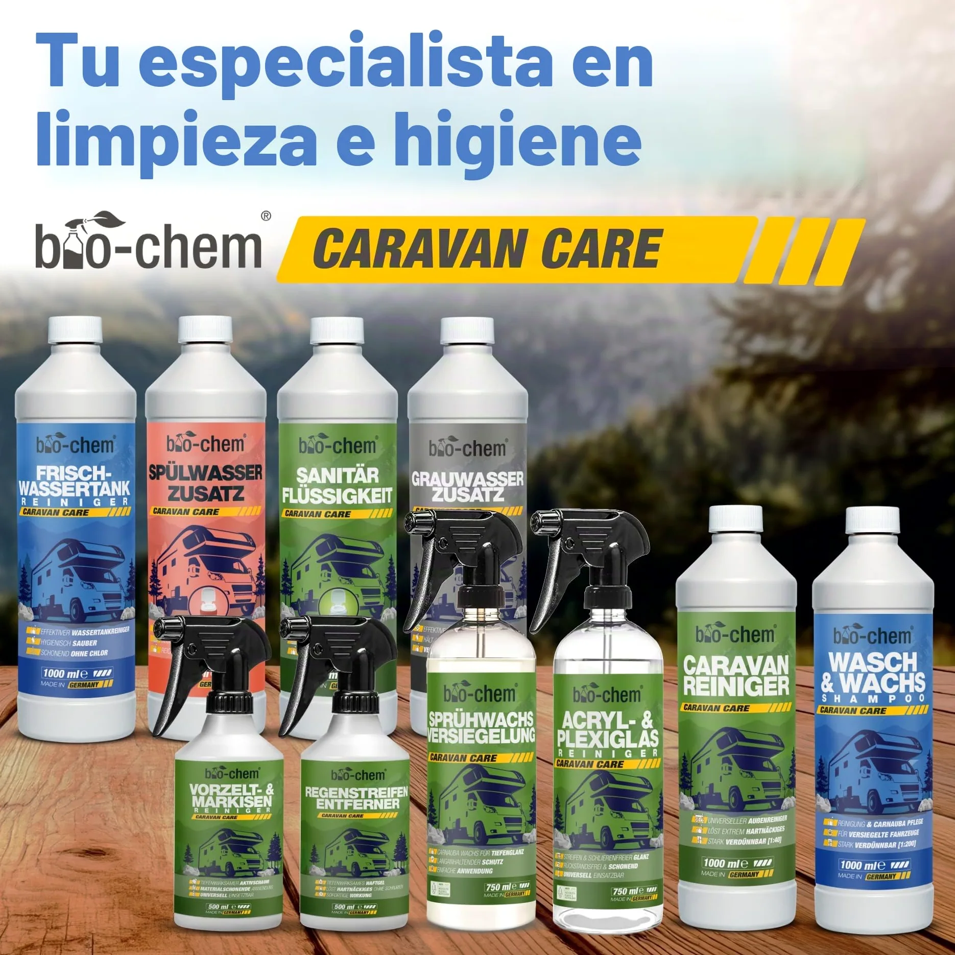 bio-chem Champú y cera para vehículos 1L + Pulverizador de espuma | Limpiador regenerador para plásticos con cera de carnauba, adecuado para la limpieza exterior de la carrocería de caravanas