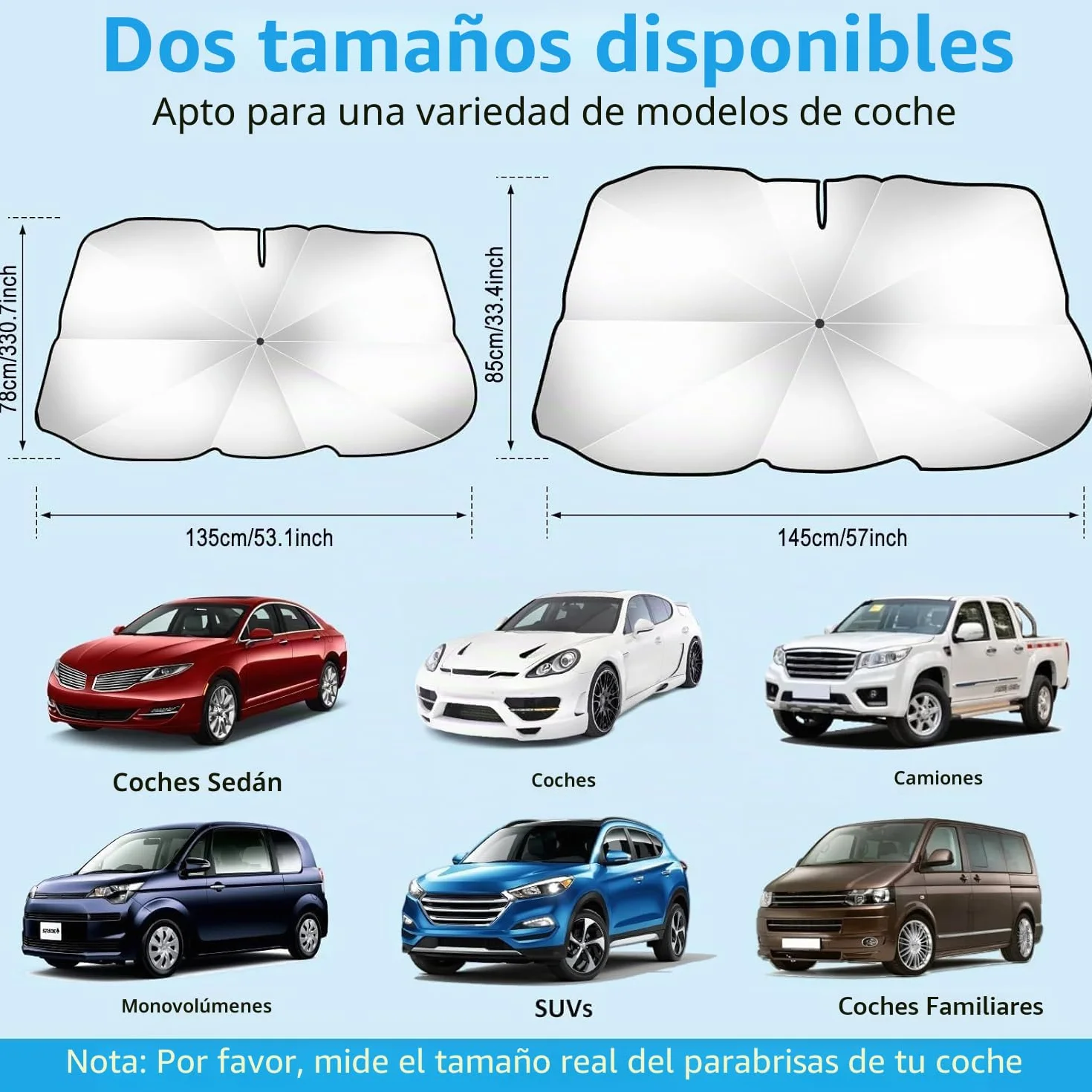 Parasol Coche Delantero,Parasol Paraguas Coche Actualizado Quitasol Coche Delantero Protección UV y Bloqueo Térmico para la Mayoría de Los Coches (145×85 cm)