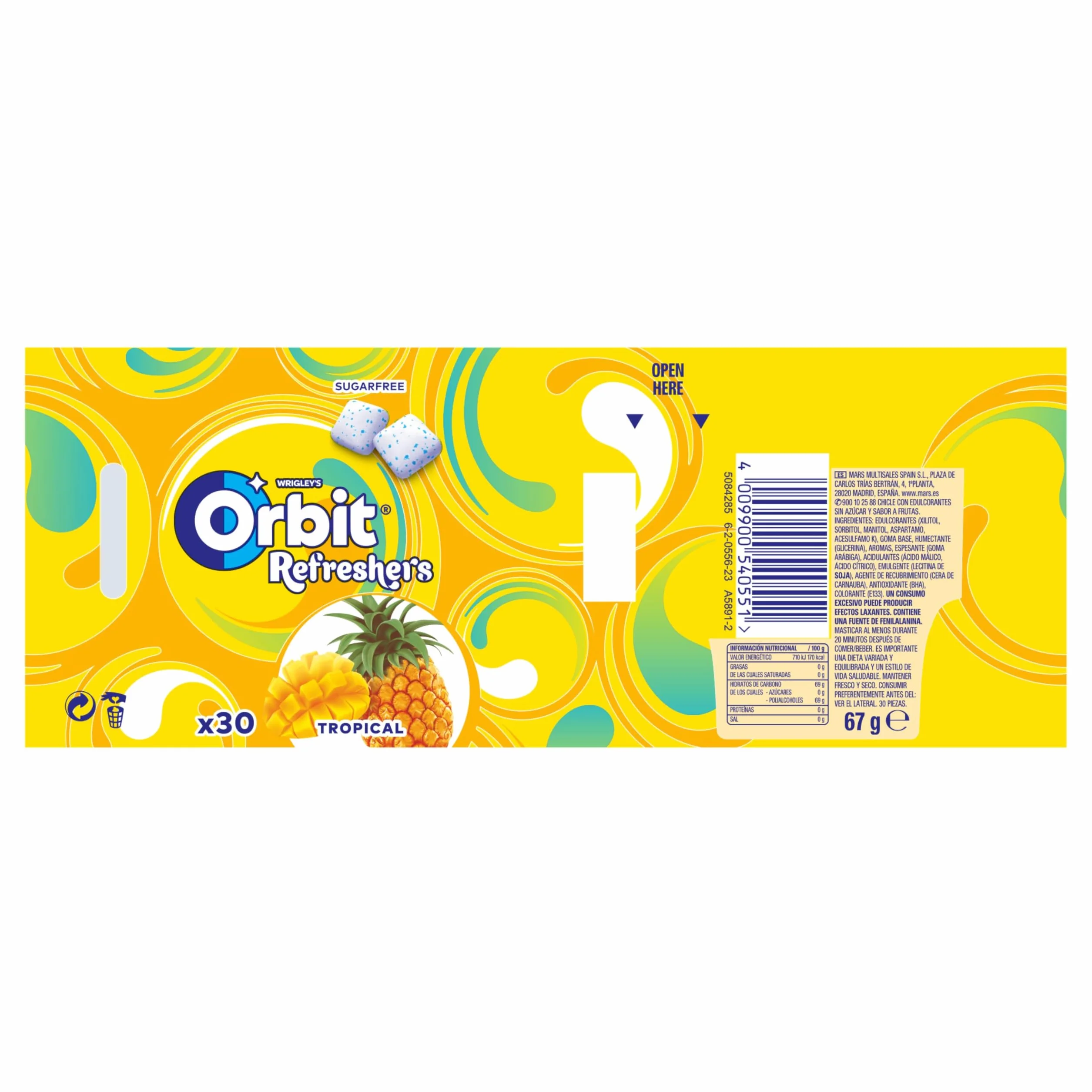 Orbit Bote de Chicles Sin Azúcar Sabor Tropical, Afrutado, Intenso y de Larga Duración (6 x 30 chicles)