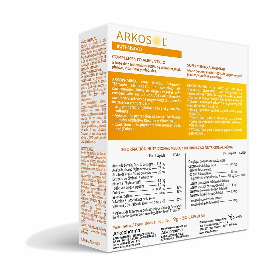 Arkopharma Arkosol Intensivo 30 Perlas Betacarotenos Cobre Vitamina E Selenio Complemento Alimenticio Preparar Piel para el Sol