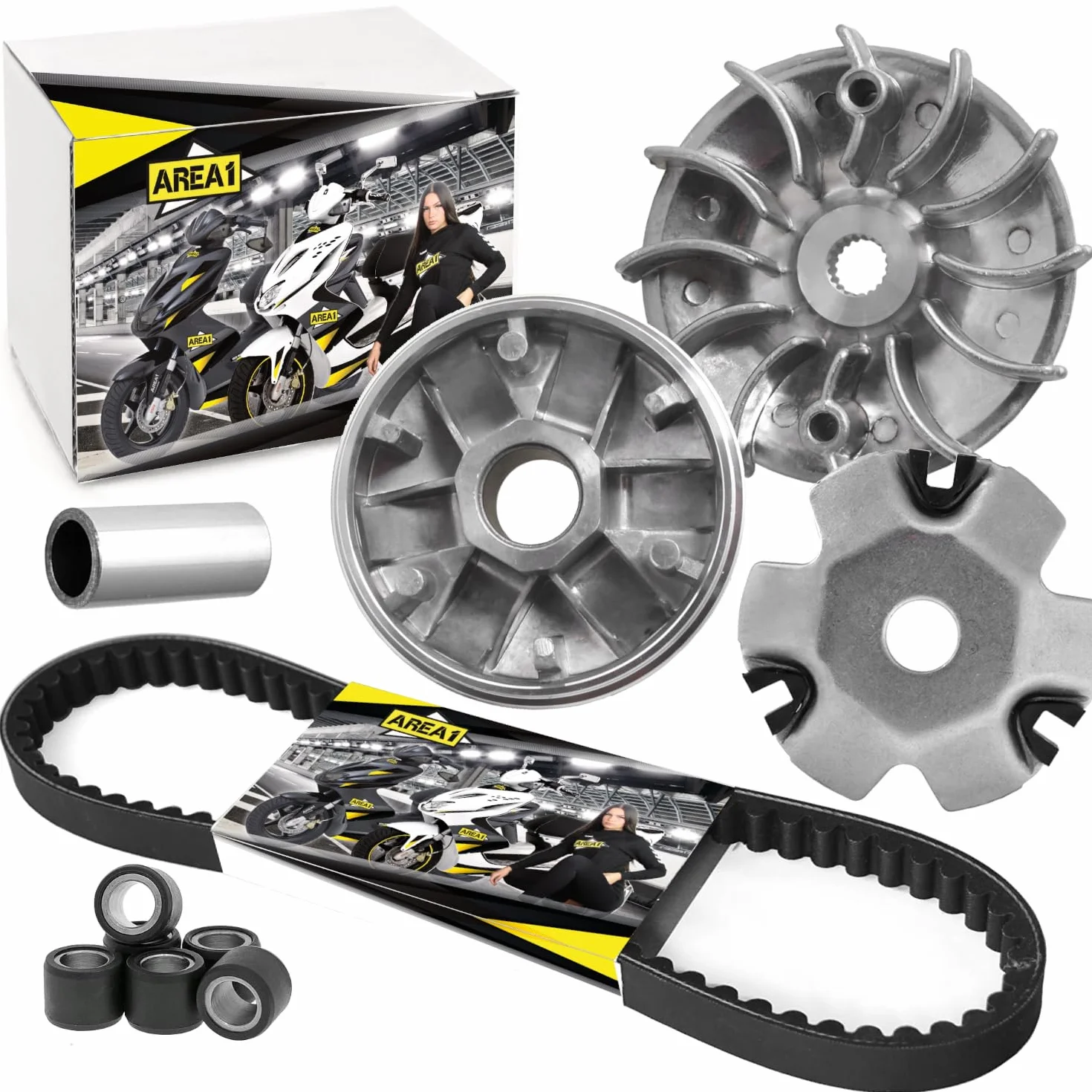 Area1 Variomatik de repuesto + polea + correa trapezoidal. GY6 125-150 ccm China 4 tiempos. compatible con RS Flex-Tech Vanguard Zhej Qinqui Sonik Wangye