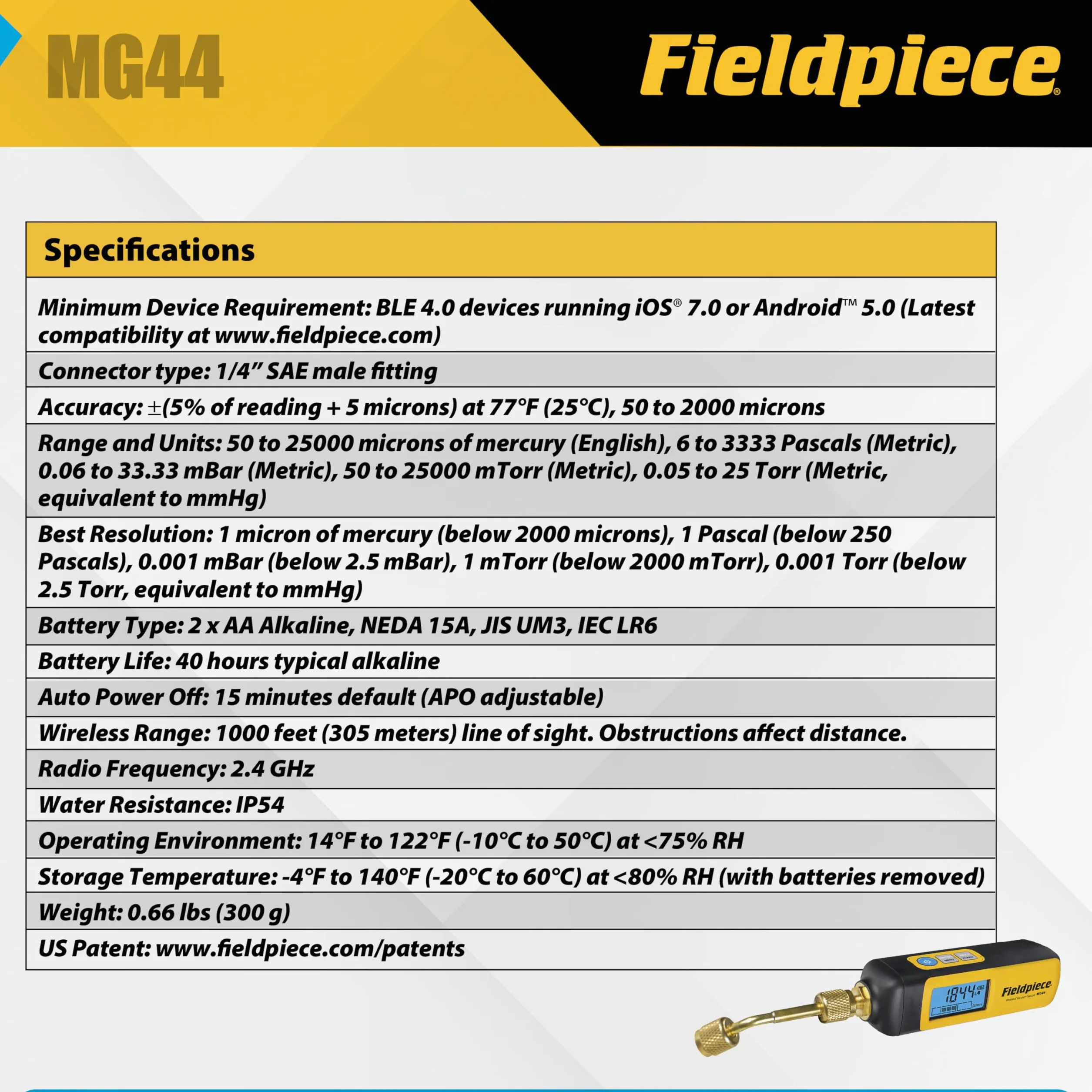 Fieldpiece MG44 - Medidor de vacío inalámbrico