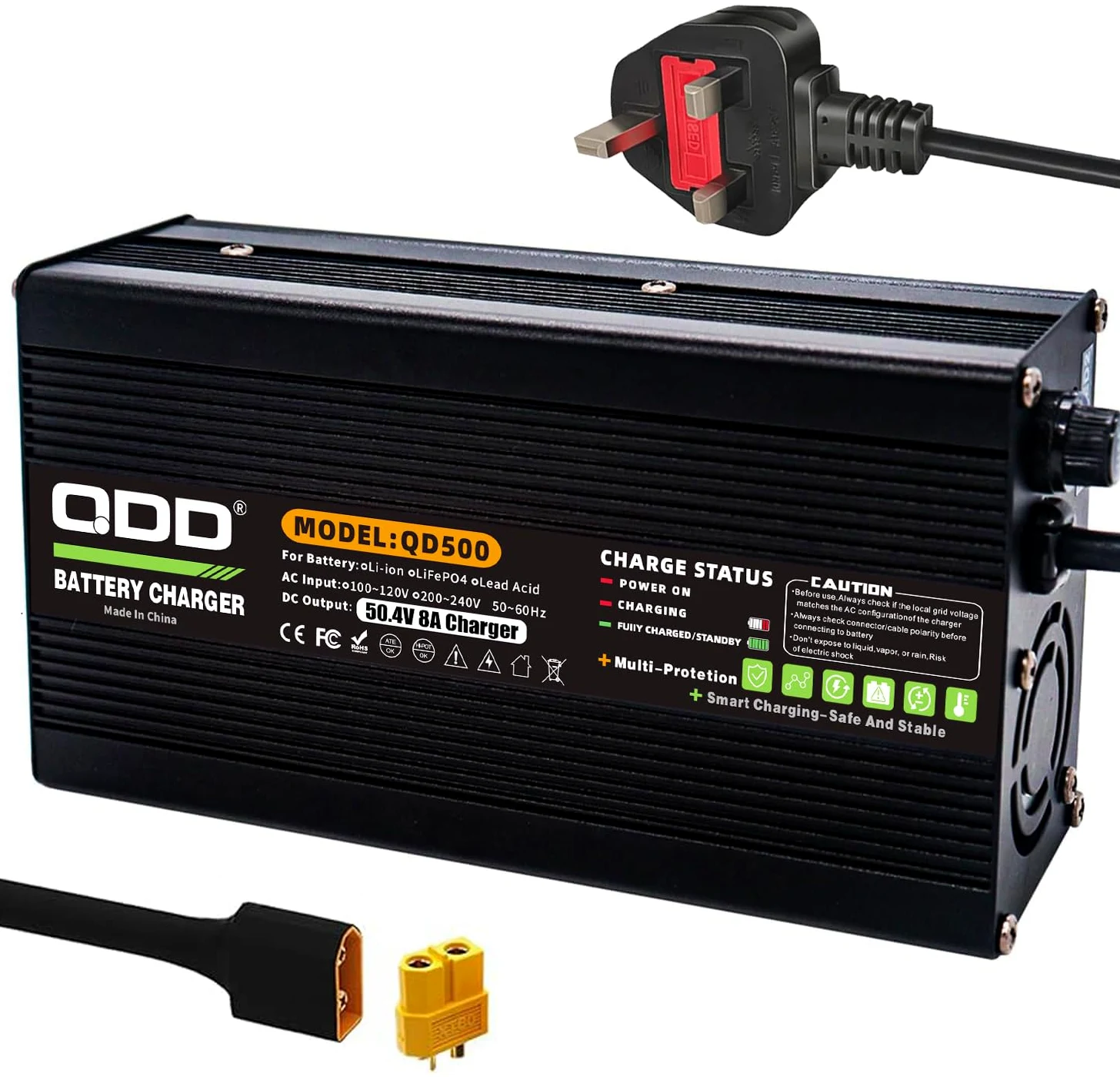 QDD Cargador de litio de 50,4 V 8 A con sistema de refrigeración para batería de litio 12S 44,4 V DC XT60 conector macho