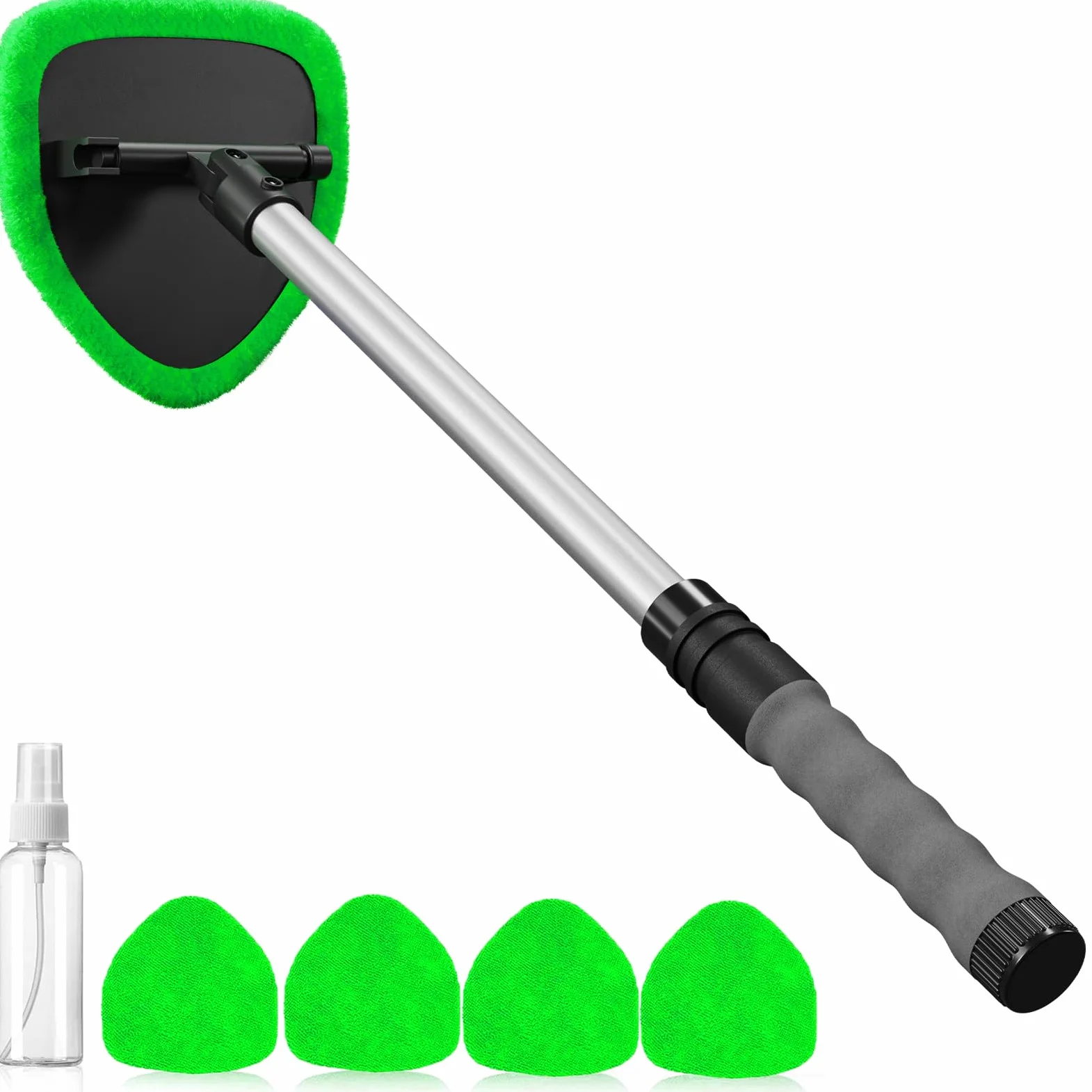 Desin Windshield Cleaning Tool, Car Window Cleaner Windshield Cleaner with 4 Reusable and Washable Microfiber Pads and Extendable Handle Auto Inside Glass Wiper Kit (Green)